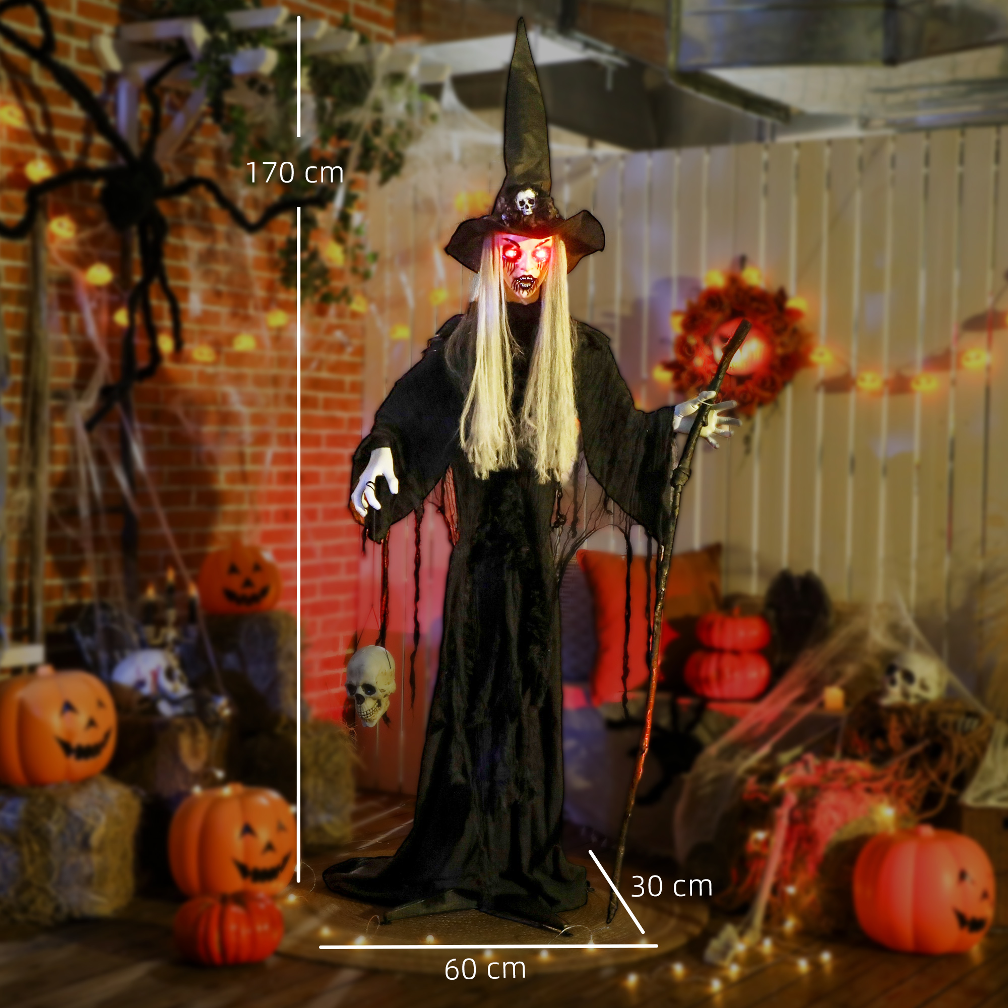 170 cm Halloween Dekoration Halloween Hexe mit LED-Lichter, Soundfunktion verstellbare Arme, Kopf