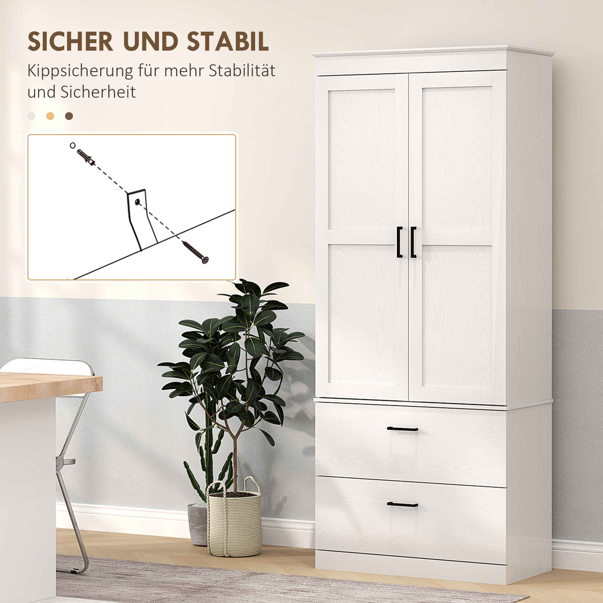 Freistehender Küchenschrank mit verstellbaren Regalen und zwei breiten Schubladen für Wohnzimmer, Küche, Weiß