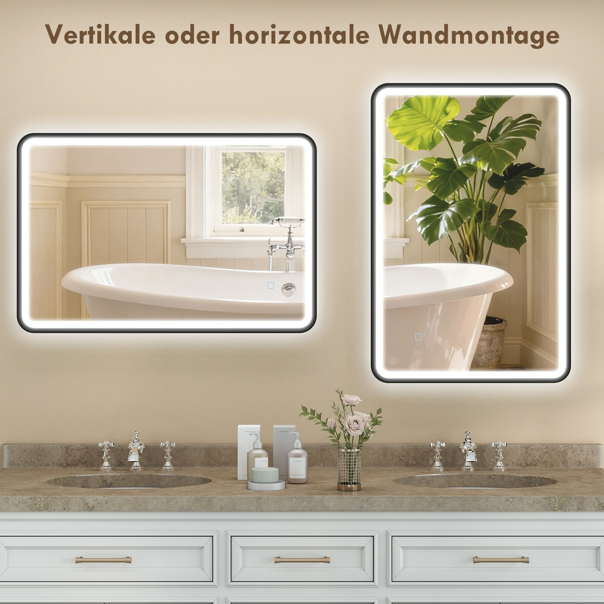 90 x 60 cm LED-Badezimmerspiegel, Lichter, 3 Farben, dimmbar, Memory-Funktion, horizontal und vertikal, Schwarz