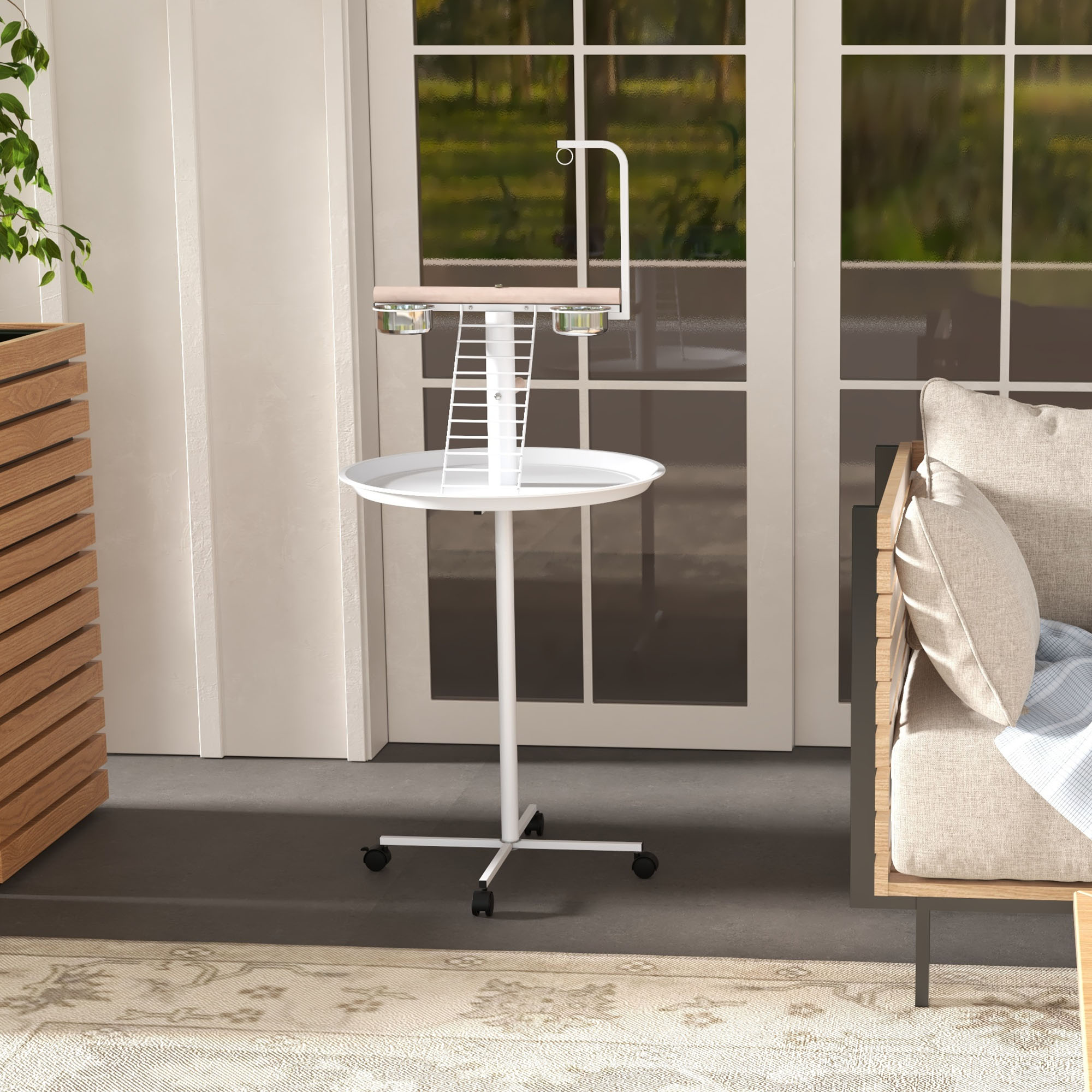 Anflugstange Freisitz für Papageien Sitzstange, 1 Leiter, 1 Schaukel, Futternäpfe, 60 x 60 x 138 cm, Weiß + Natur