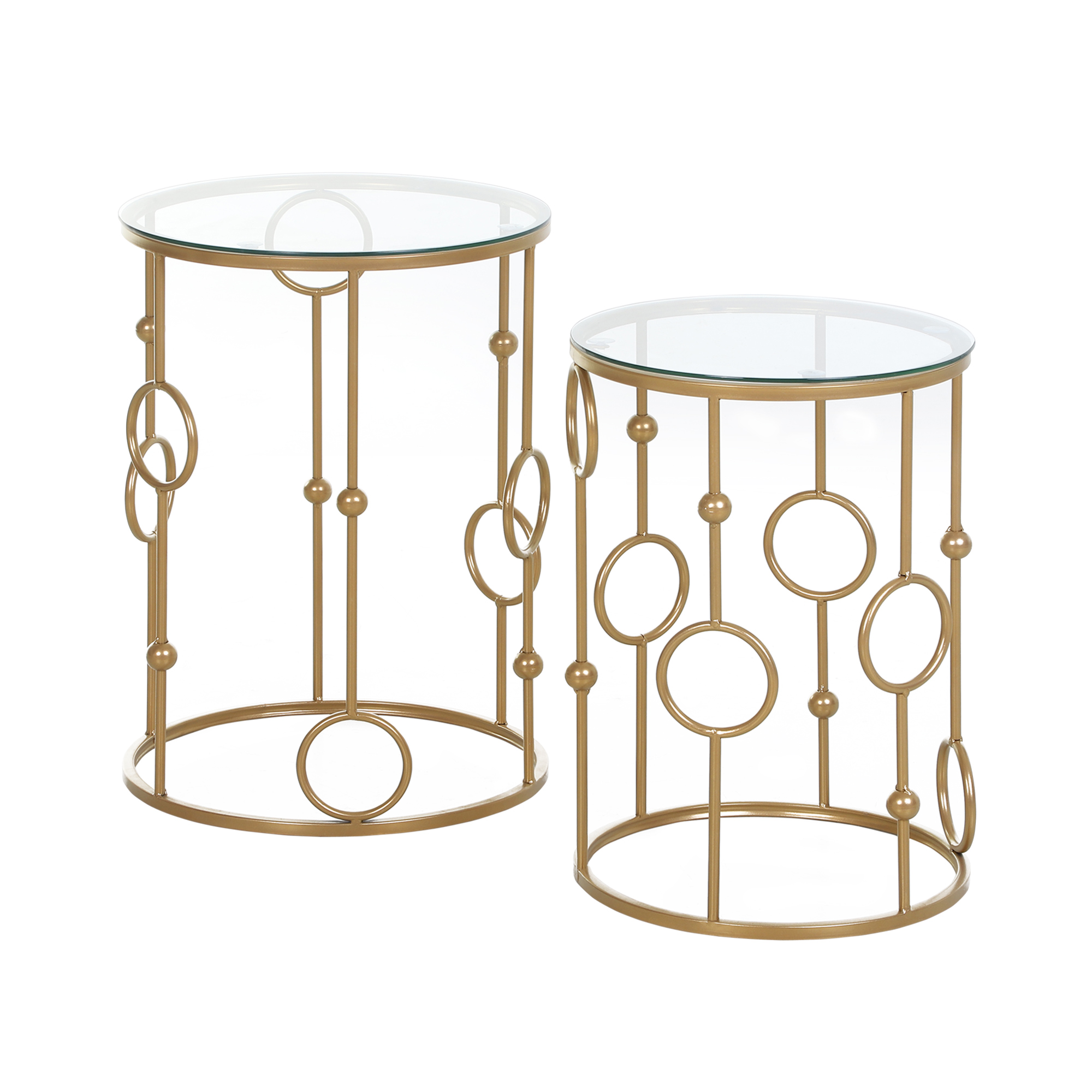 2er-Set Couchtisch, Beistelltisch mit Glasplatte, Wohnzimmertisch mit Reifen- und Kugeldesign Ø41 x 57 cm, Gold 2er-Set Couchtisch, Beistelltisch mit Glasplatte, Wohnzimmertisch mit Reifen- und Kugeldesign Ø41 x 57 cm, Gold