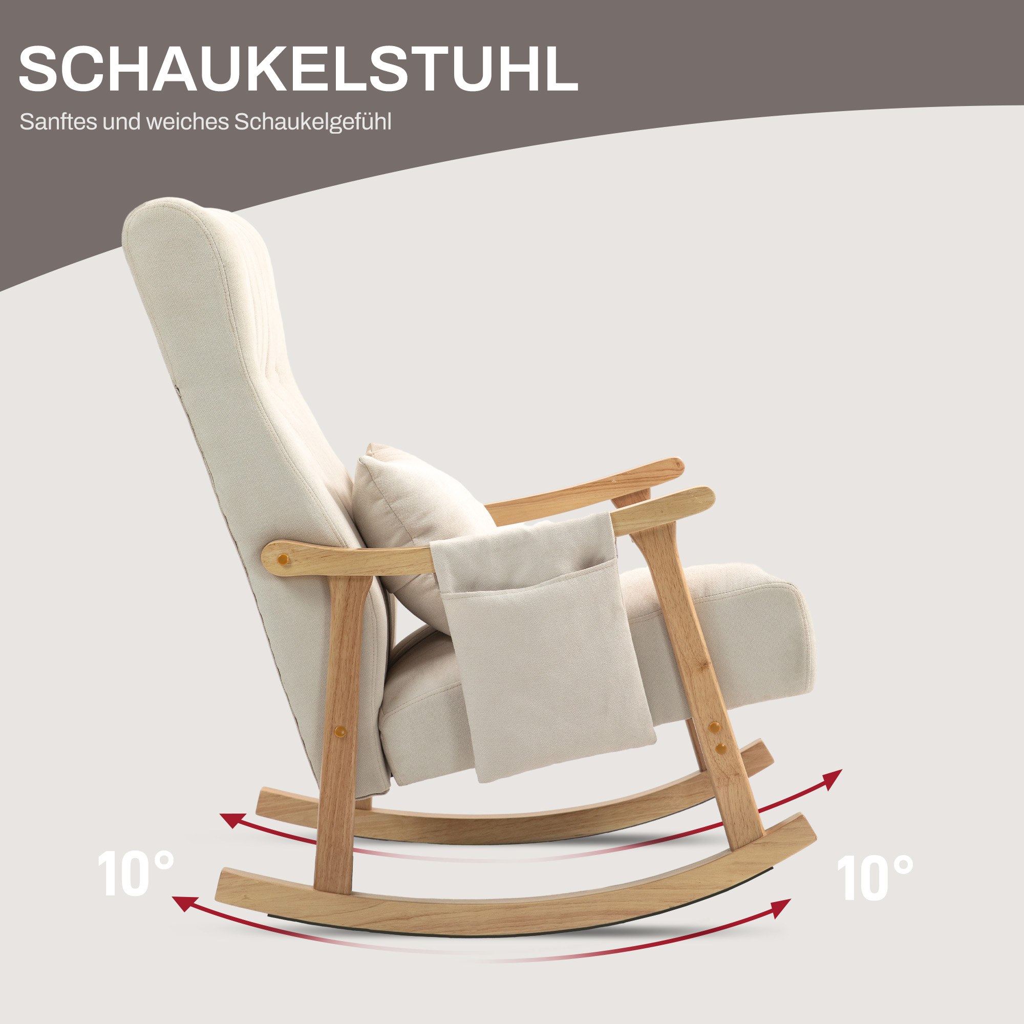 Schaukelstuhl mit Nierenkissen, breiter Sitz, Buchenrahmen, bis 120 kg, Beige
