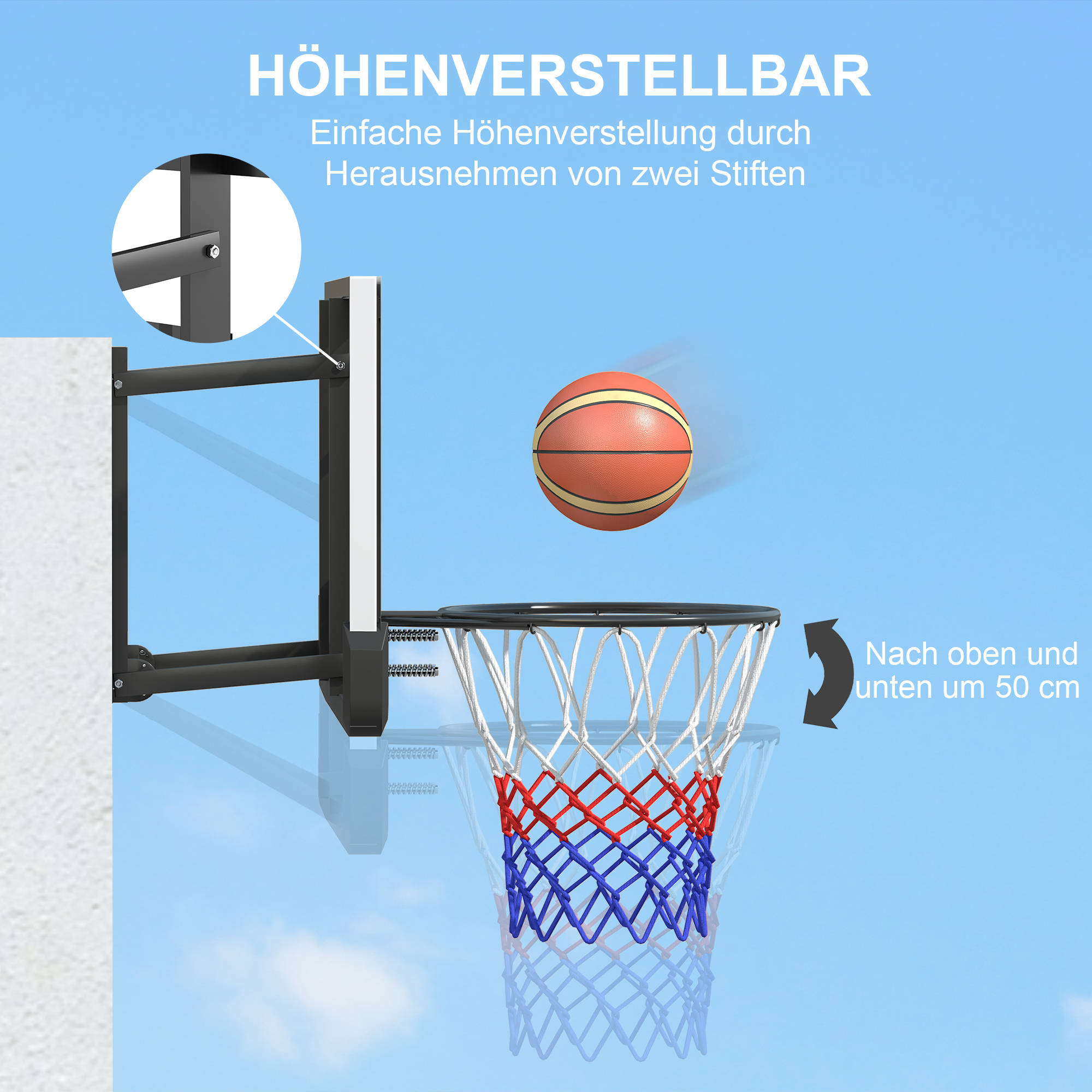 Basketballkorb für Wandmontage, gefederter Korb, bruchsichere Rückwand, Schwarz
