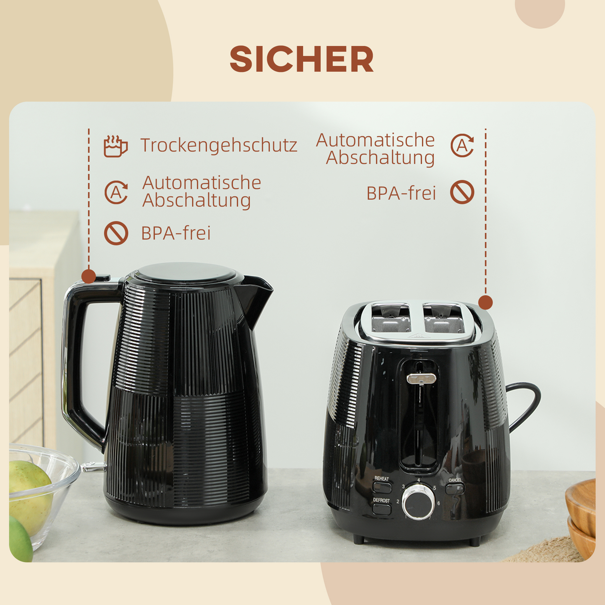 Wasserkocher- und Toaster-Set, 1,7 L, verschiedene Funktionen, Edelstahl, Schwarz