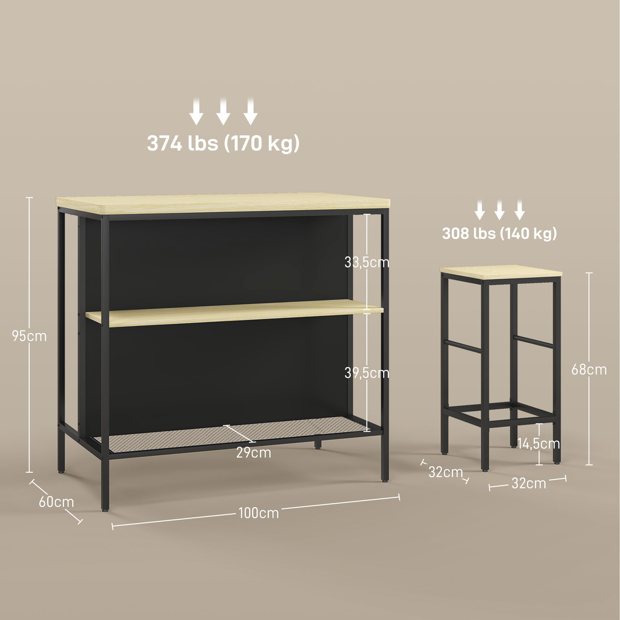 Bar-Set, 2 Barstühle & 1 Bartisch, fleckenresistent, stabil, Stahlrahmen, Schwarz/Eiche