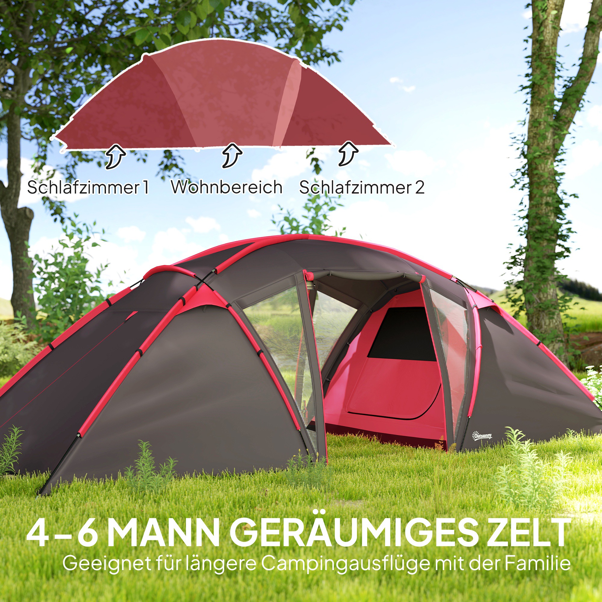 Tunnelzelt, Campingzelt für 4-6 Personen, mit 3 Räumen, Lichthaken Doppeltüren Grau