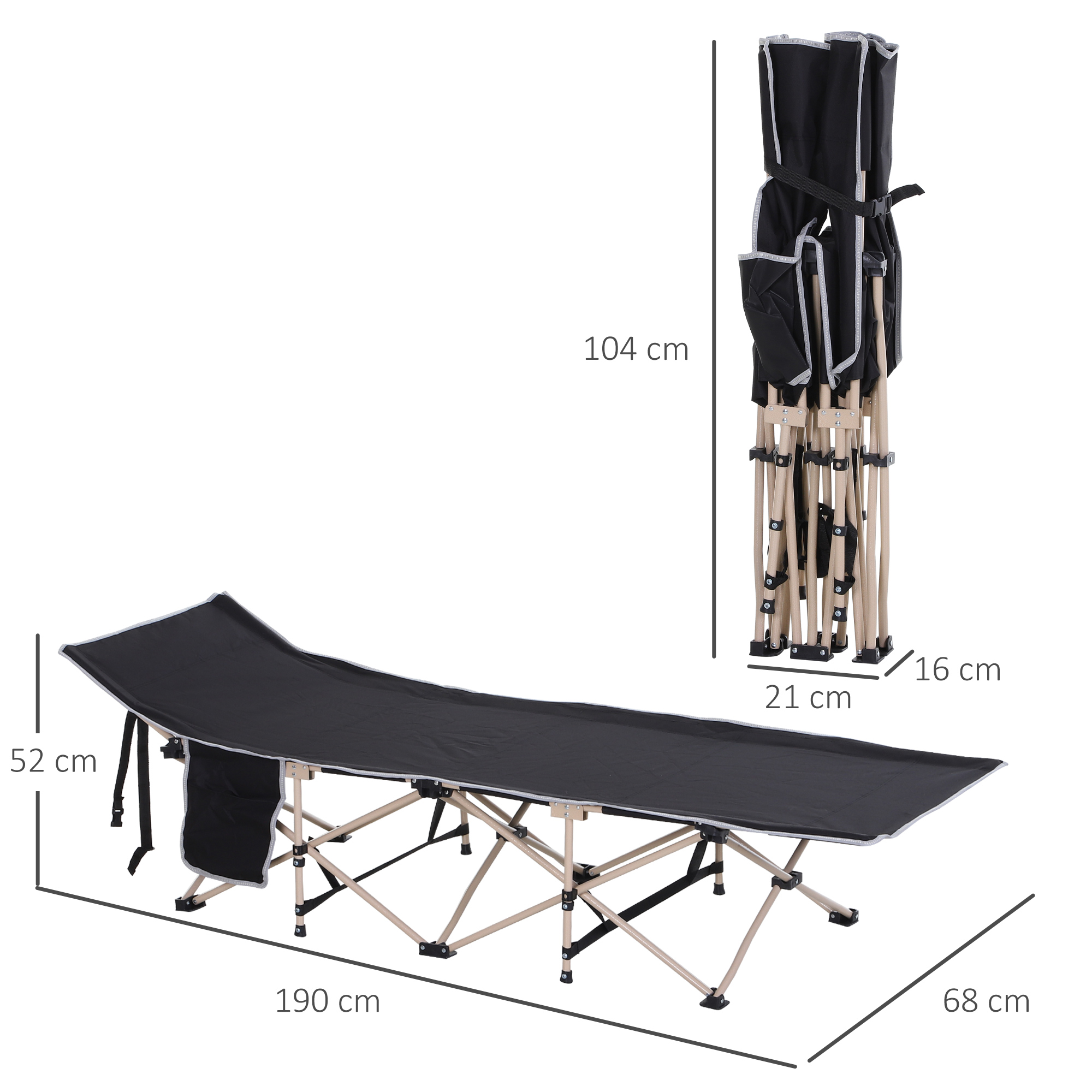 Feldbett, Campingbett, klappbar, wetterbeständig, ink, Tragetasche, 190 x 68 x 52 cm, Schwarz