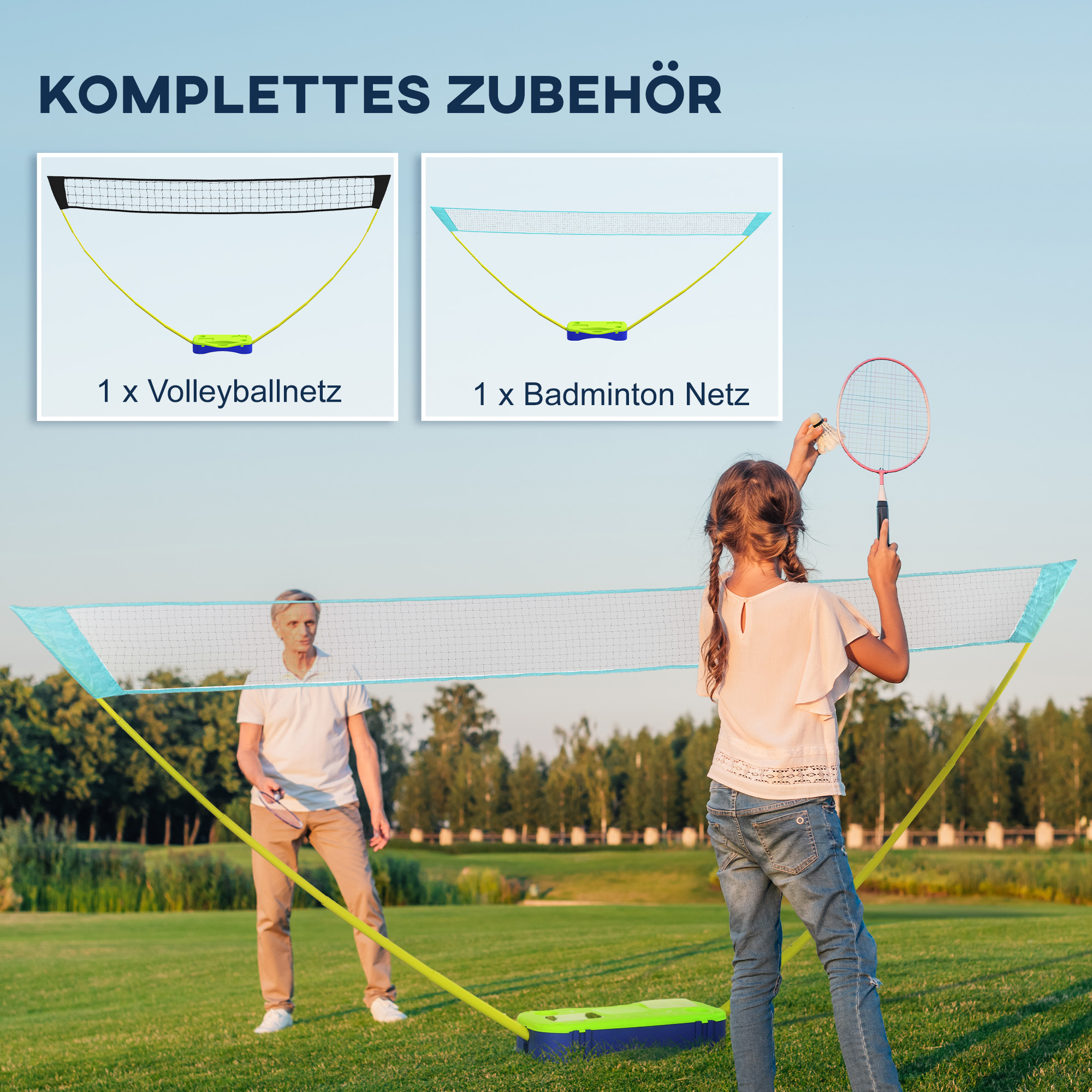 Badminton-Netz-Set Volleyball-Netz-Set, 3-teiliges Set, 400 cm x 22,4 cm x 155 cm, Schwarz + Blau + Grün