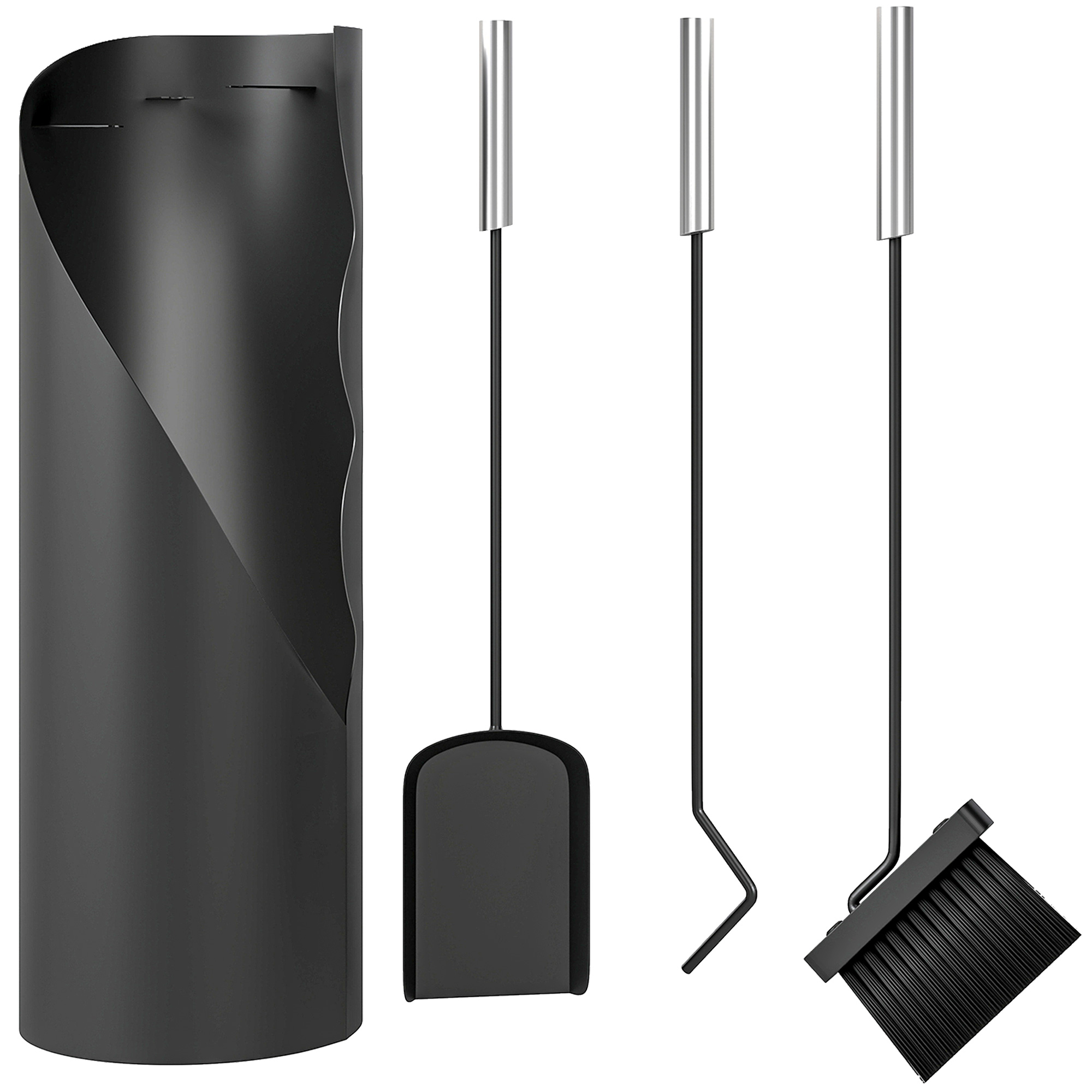 Kaminbesteck Set 4-teilig Kaminzubehör mit Besen, Schaufel, Schürhaken und Korb, Kamingarnitur, Metall, Schwarz Kaminbesteck Set 4-teilig Kaminzubehör mit Besen, Schaufel, Schürhaken und Korb, Kamingarnitur, Metall, Schwarz