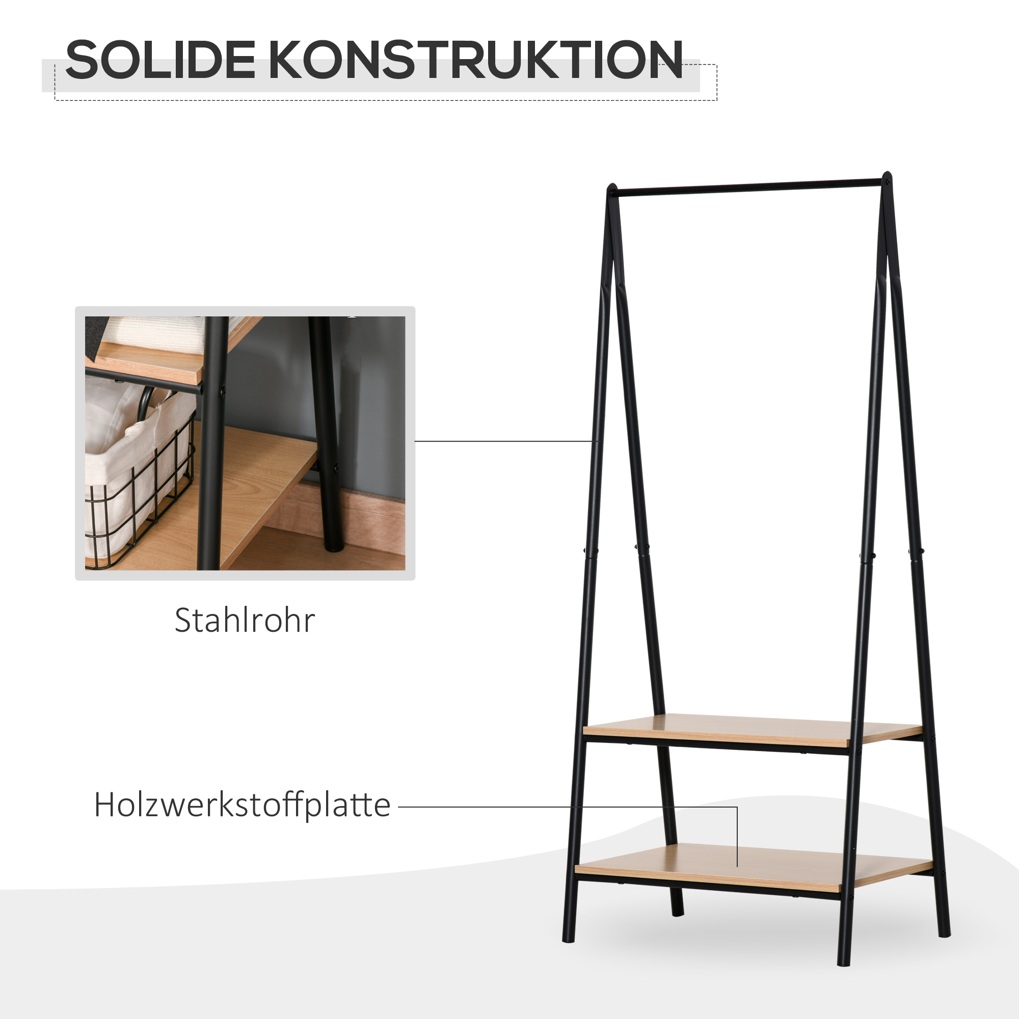 Gaderobenständer Kleiderständer Kleiderstange mit Schuhablage Wäscheständer Metall + Holz Schwarz + Natur 64 x 42,5 x 149 cm