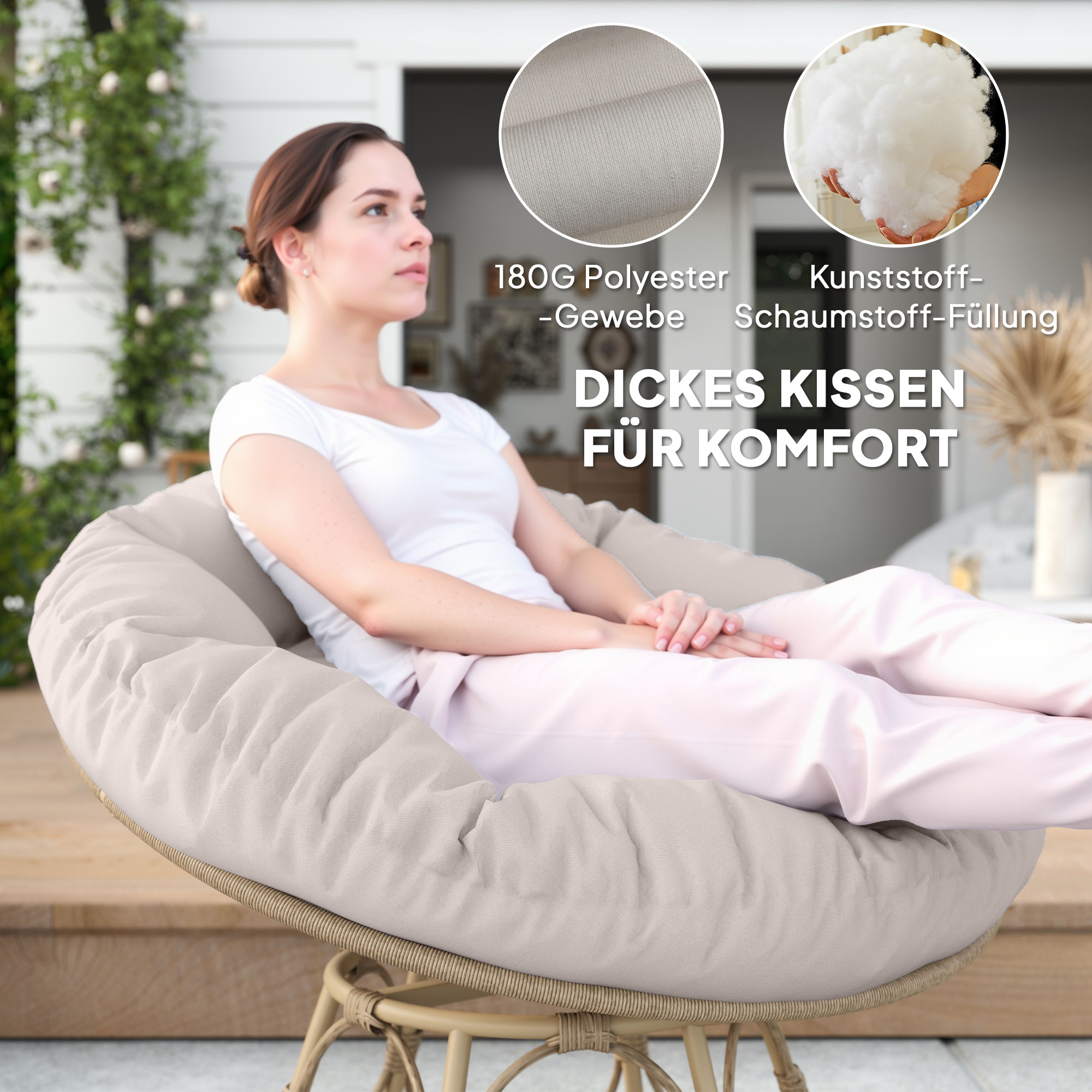 Papasansessel Rattan 360° drehbar Korbsessel mit Sitzkissen runder Outdoor