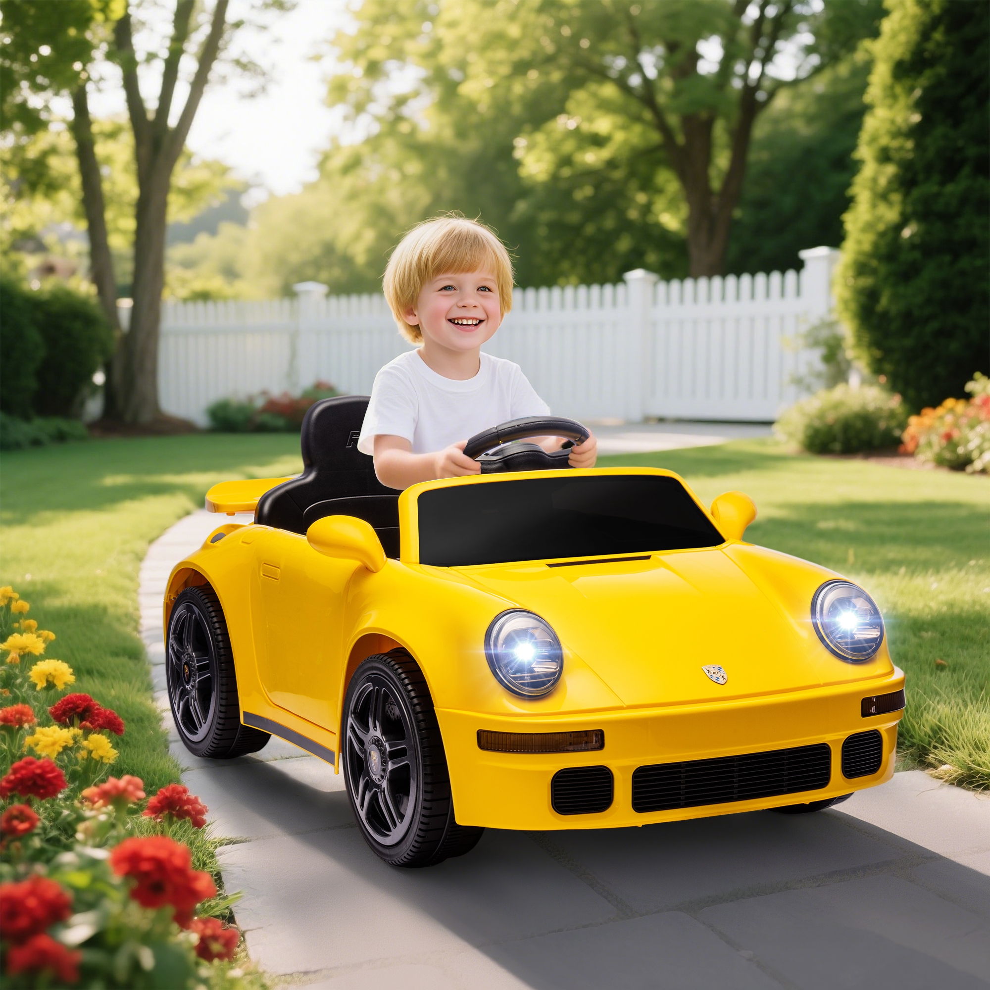 Kinder-Elektroauto, 12V Kinderauto mit Fernbedienung, sanfter Start, MP3-Player, LED-Lichter, Hupe, Energieanzeige, Gelb