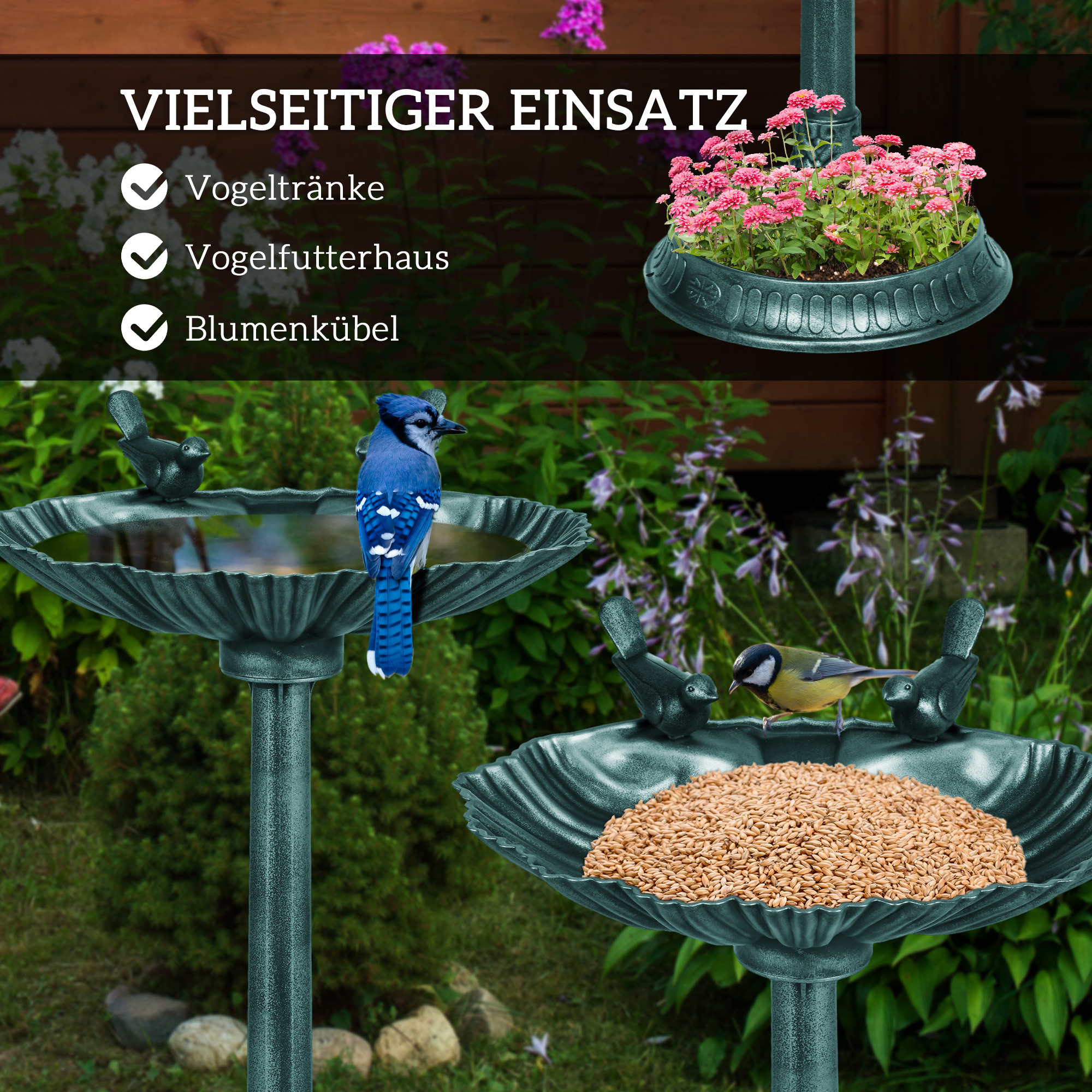 Vogeltränke, Vogelbad mit Statuen, 2 Becken, Kunststoff, antiker Look, 49,5L x 38B x 81H cm, Dunkelgrün