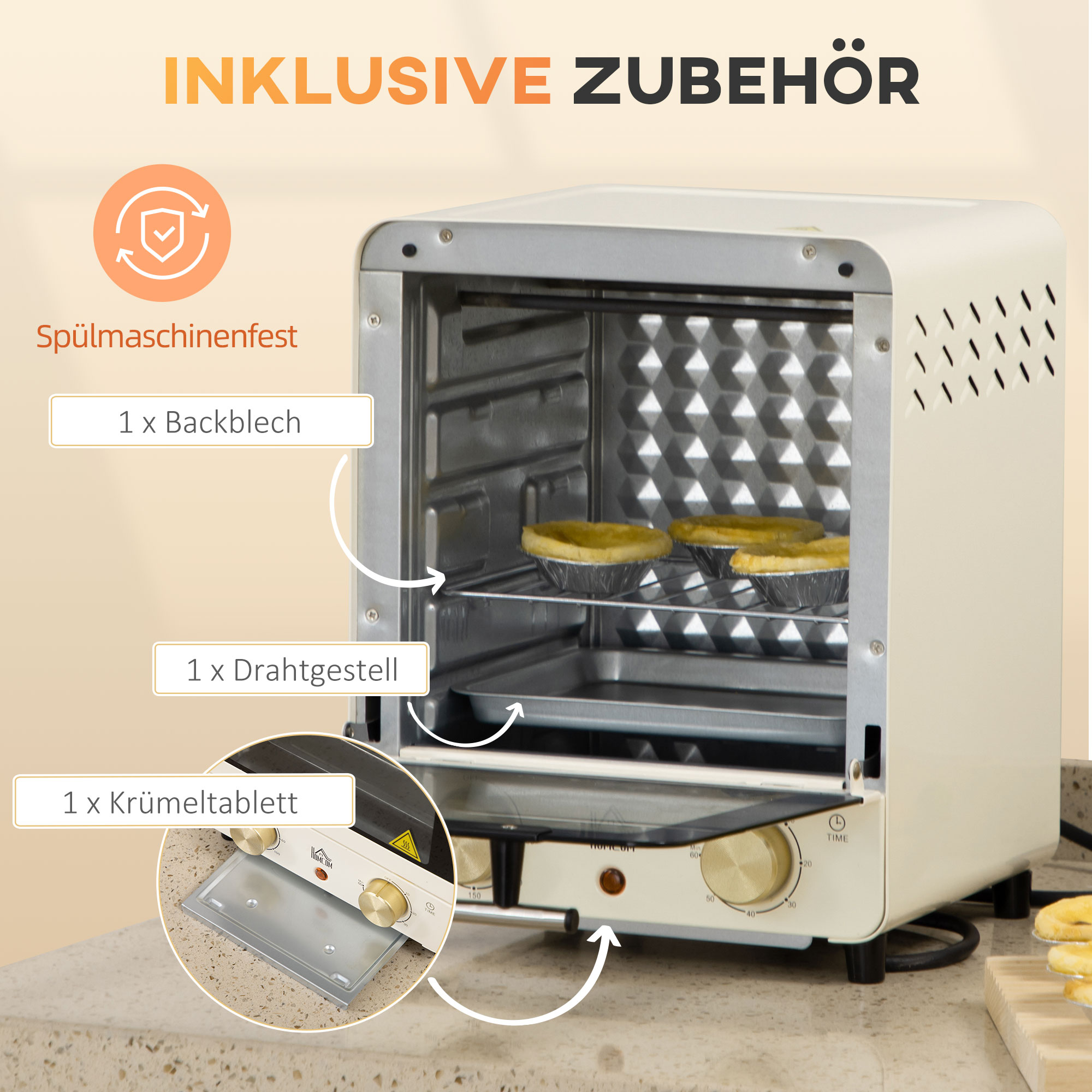 Mini Ofen 15L Fassungsvermögen, höhenverstellbares Backblech und Gitterrost, 1000W, Cremeweiß