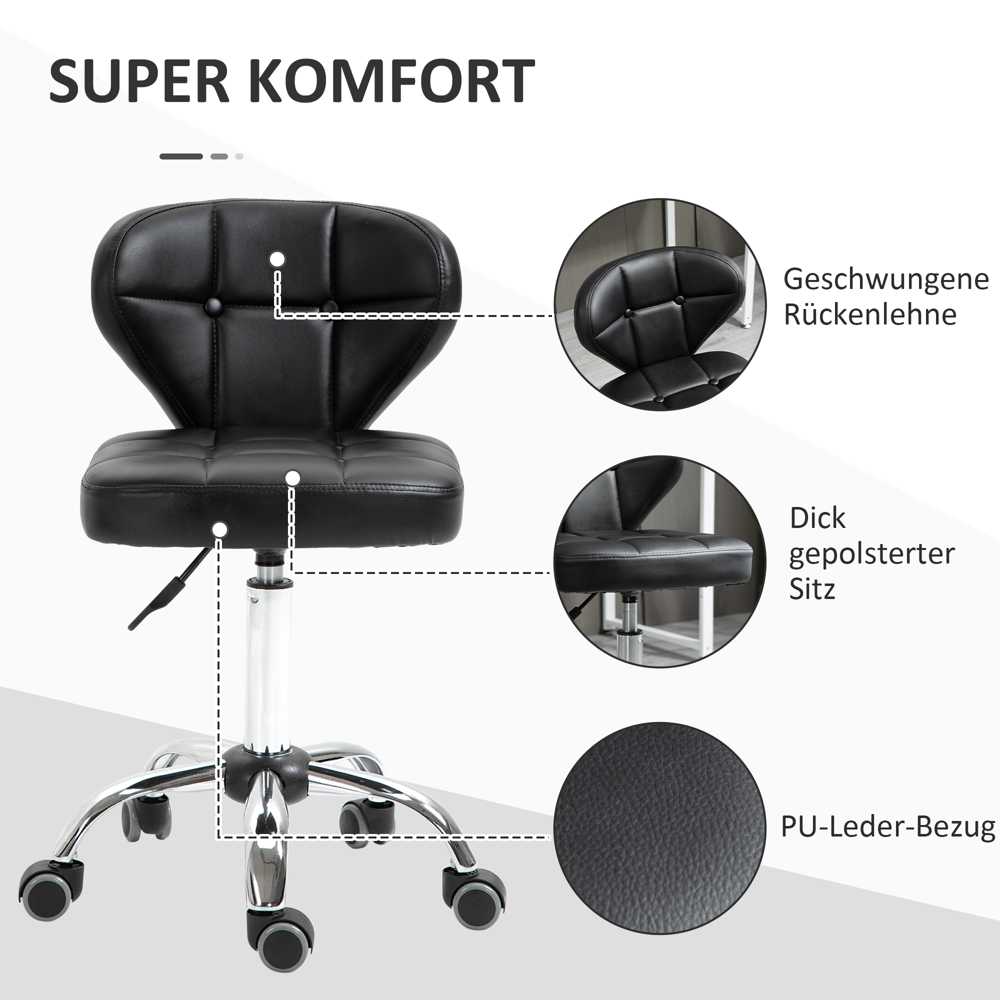 2er-Set Arbeitshocker mit Rückenlehne Rollhocker aus Kunstleder Drehhocker mit Lehne Kosmetikhocker Rollhocker Bürohocker 72-87 cm höhenverstellbar Büro Dunkelgrau 45 x 47 x 72-87 cm