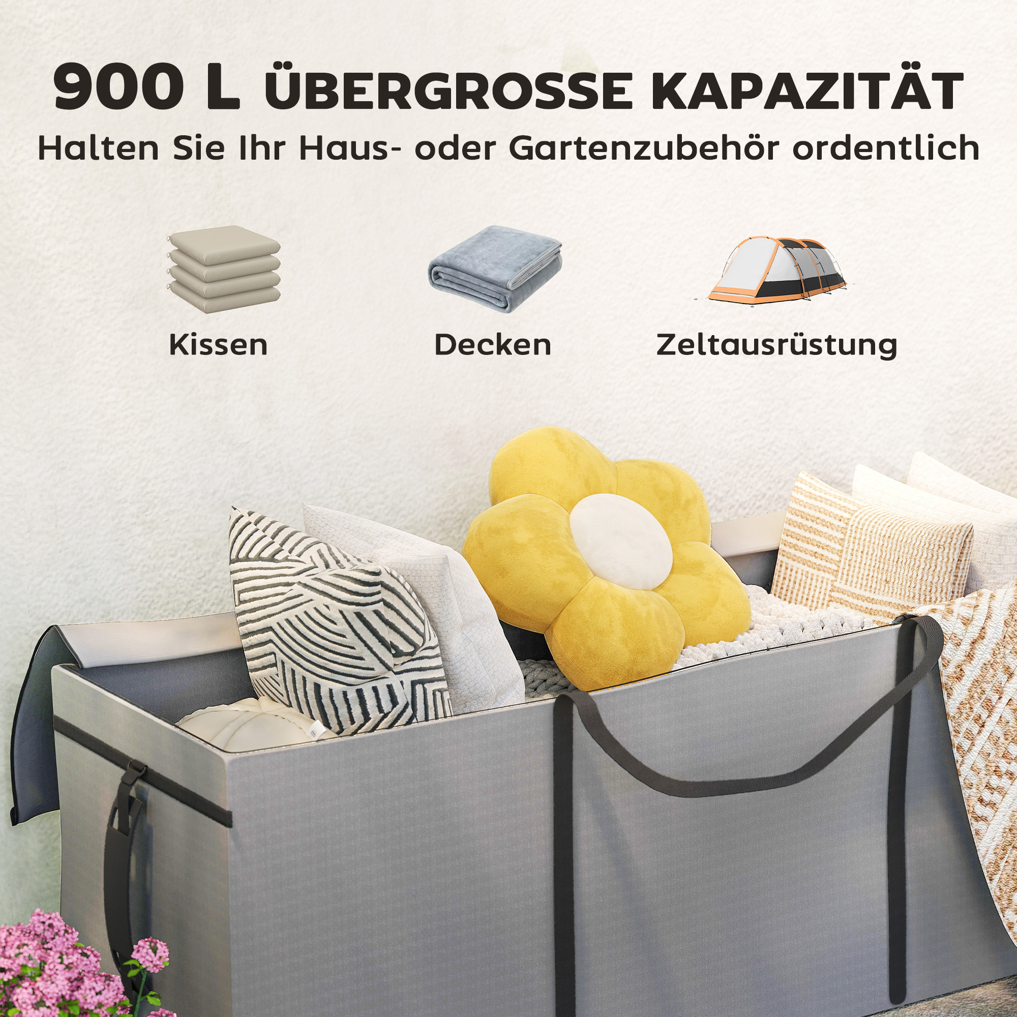 Aufbewahrungstasche Gartenpolster, Auflagentasche, Schutzhülle mit Tragegriff, Reißverschluss, 200 x 60 x 75 cm, Hellgrau