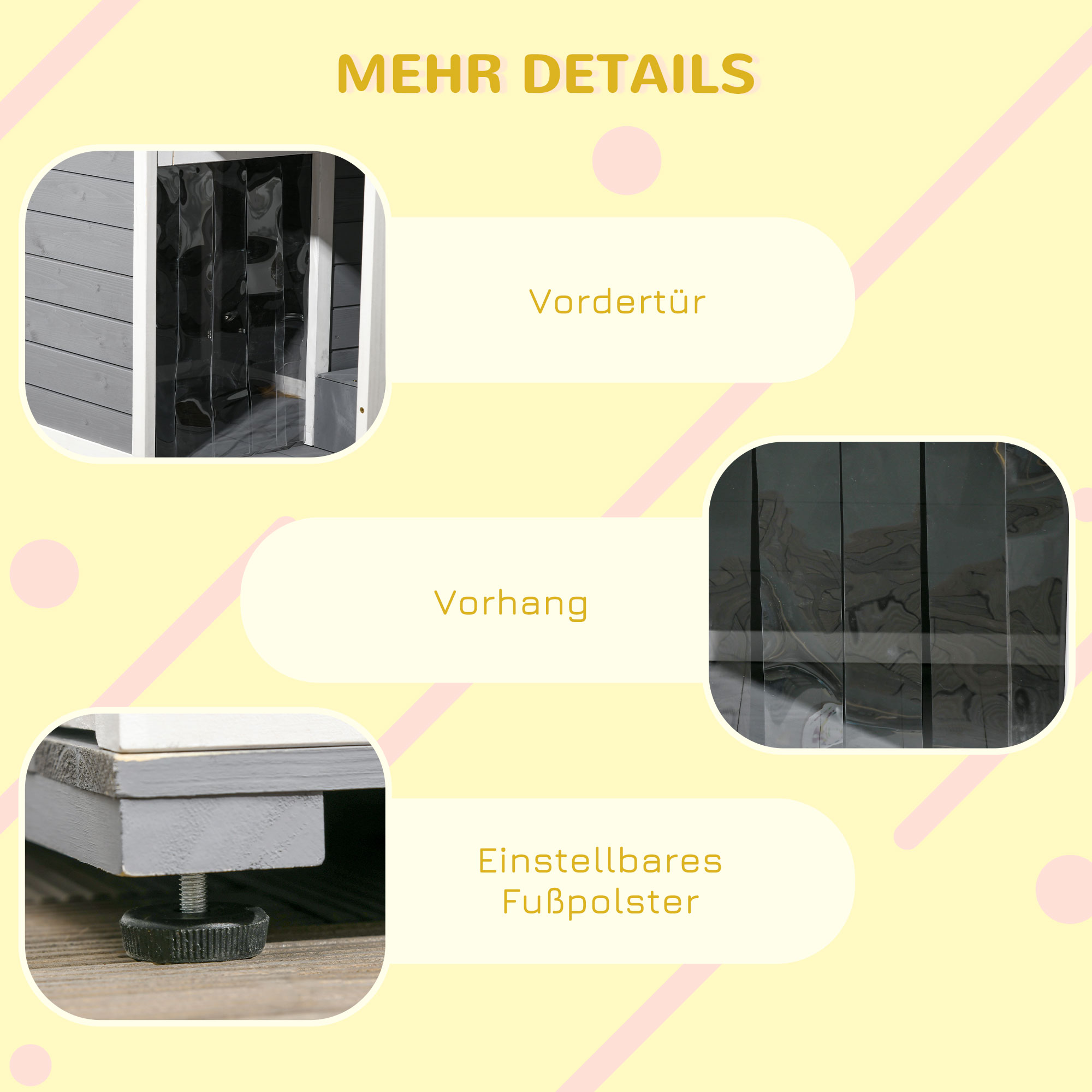 Hundehütte aus Massivholz, mit 2 Fressnäpfen, Veranda, wetterbeständig, 103 cm x 62 cm x 66 cm, Grau + Weiß