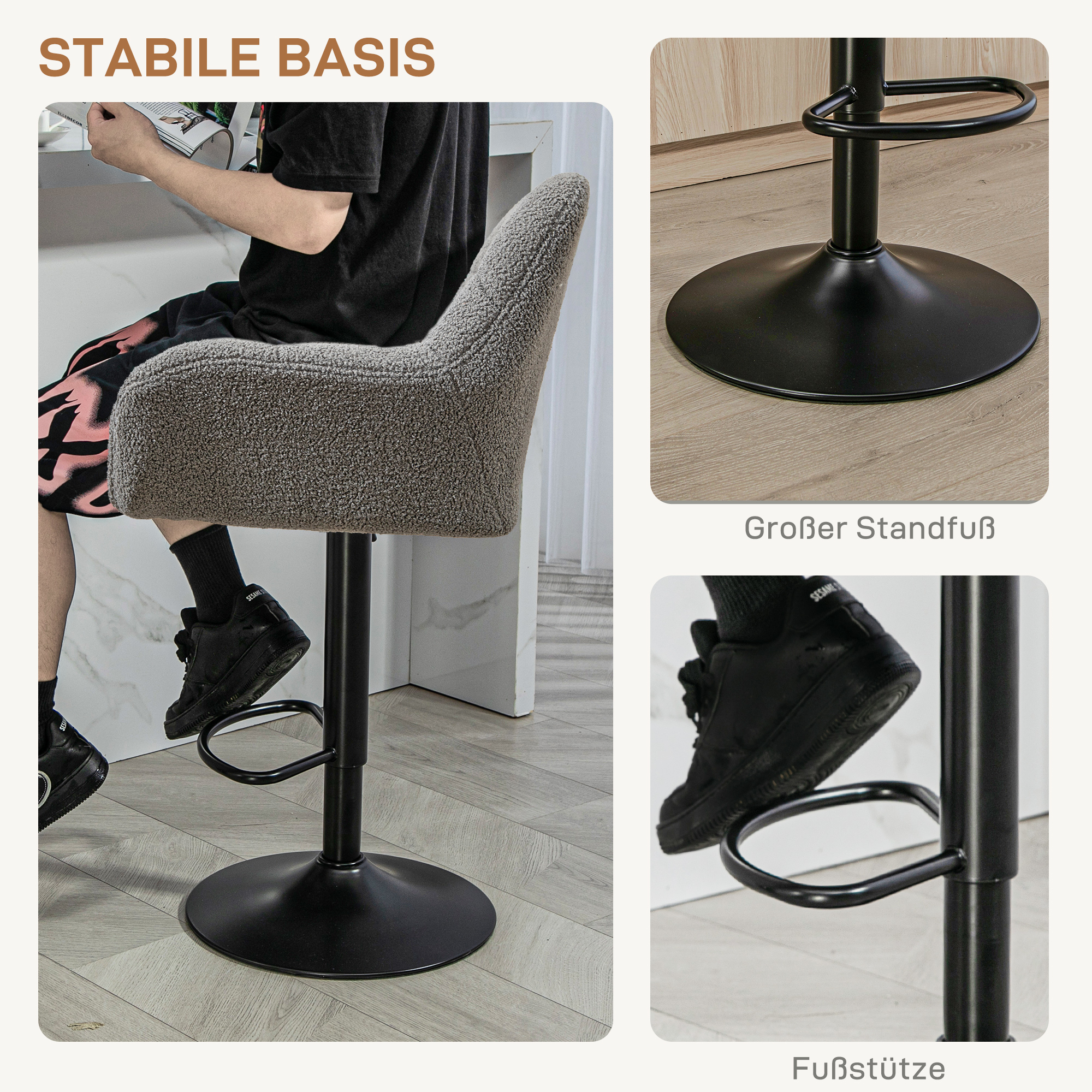 Barhocker 2er-Set Retro-Design höhenverstellbar Fleece-Optik Grau + Schwarz