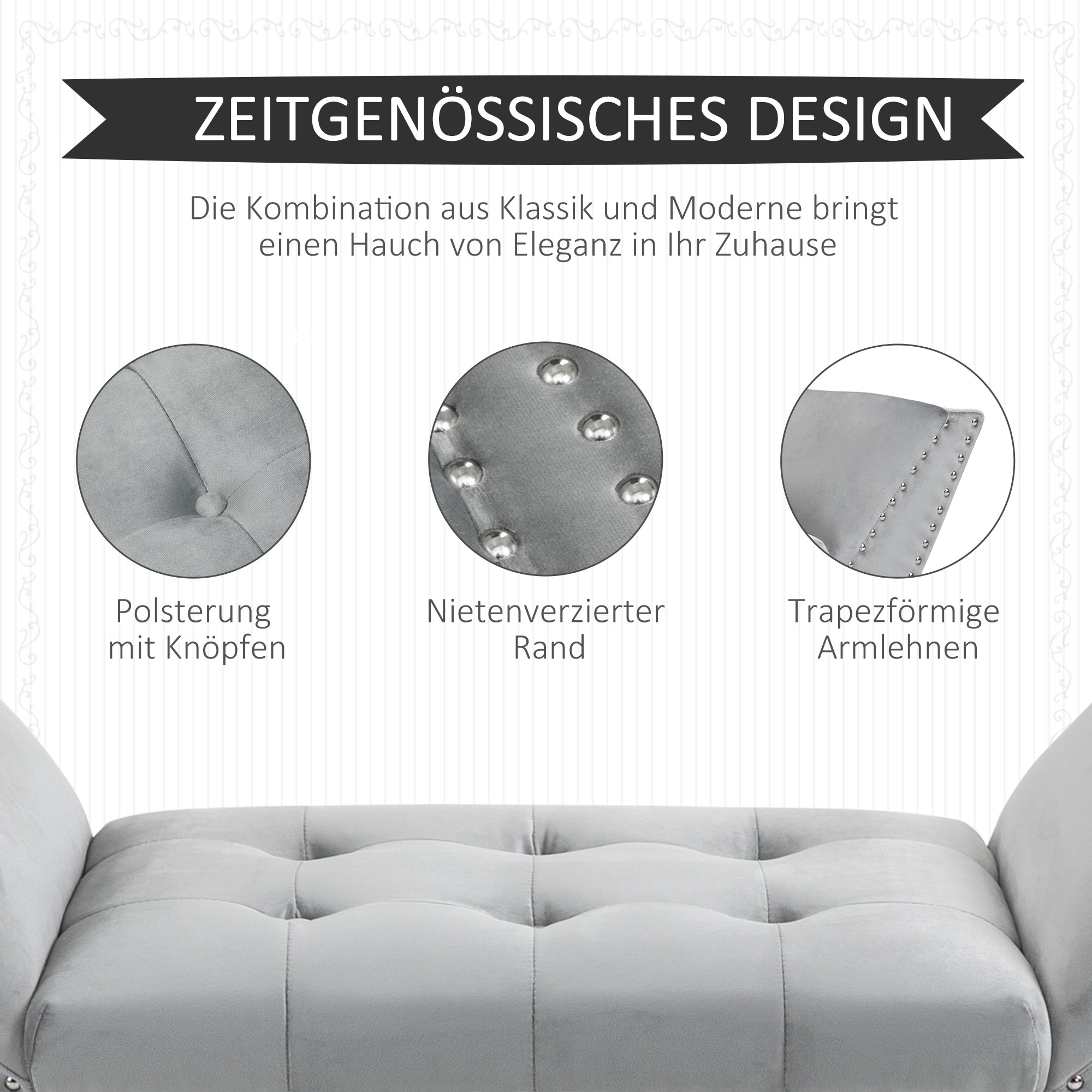 Polsterbank Sitzbank Klavierbank Pianobank mit Samtoptik Bettbank für Schlafzimmer Wohnzimmer, Flur, Gummiholz Hellgrau 114 x 46 x 56 cm