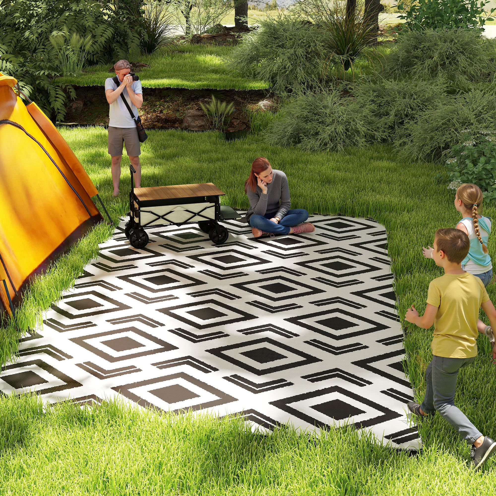 Outdoor Teppich robuster Wetterfest Outdoorteppich mit Tragtasche, faltbar Carpet Boho-Style 182 x 274 cm Schwarz+Weiß