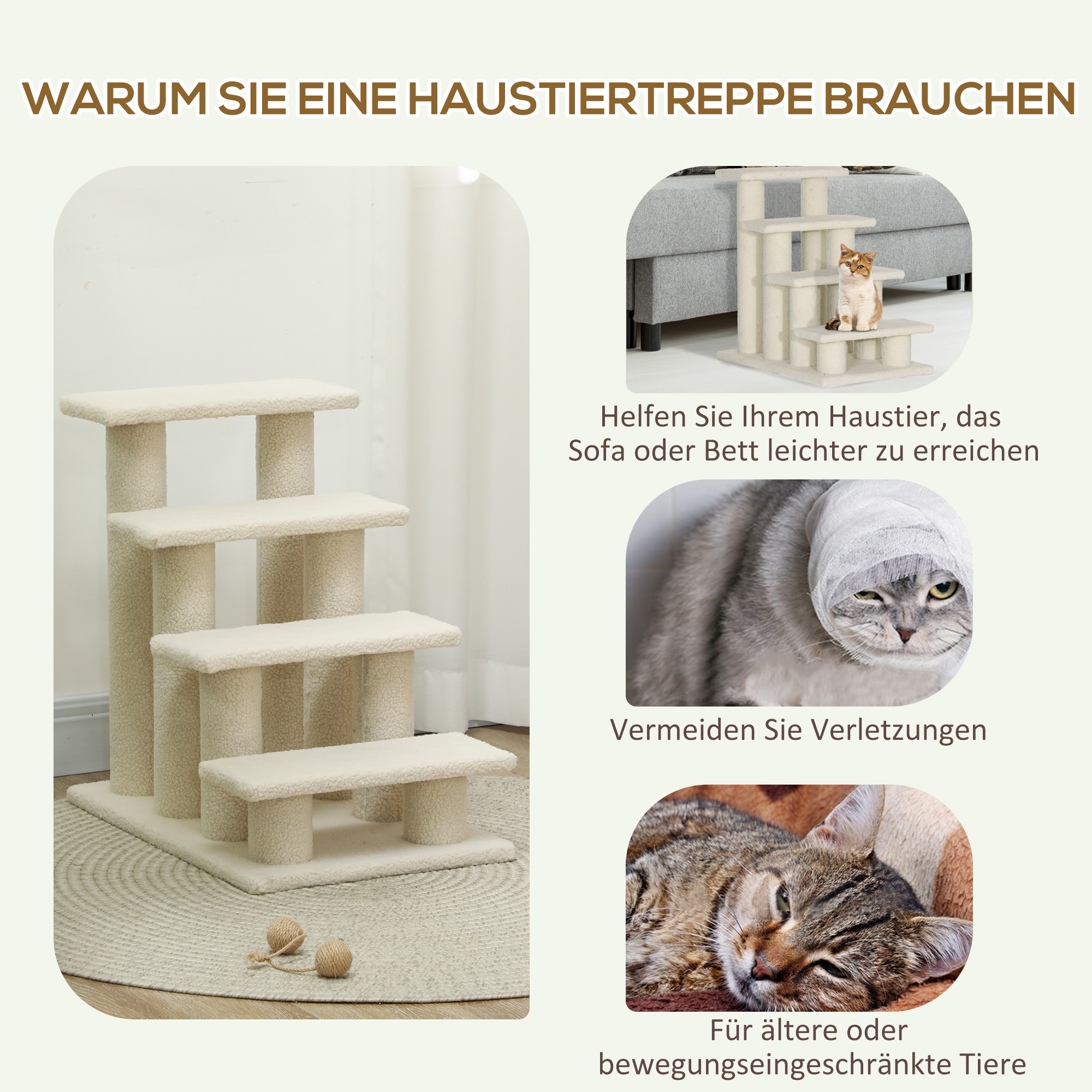 Tiertreppe Katzentreppe Hundetreppe Treppe für Katze und Hunde 4 Stufen Cremeweiß 63,5x43x60cm