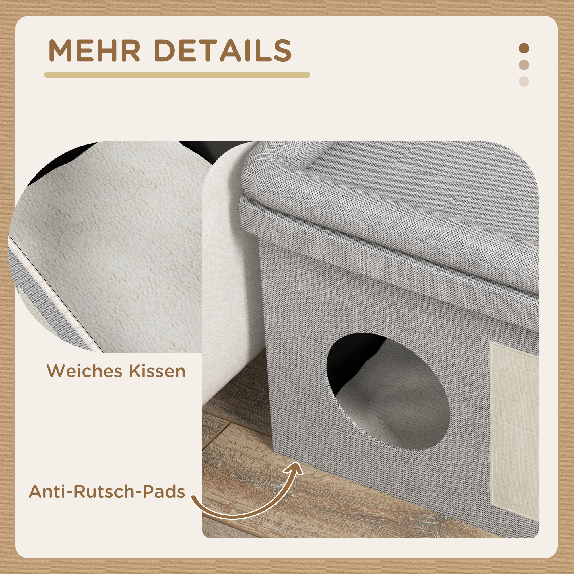 Katzenhaus, Futterplatz mit 2 Edelstahlnäpfen, Kratzmatte, weiches Liegekissen, 78 x 48 x 49,5 cm, grau