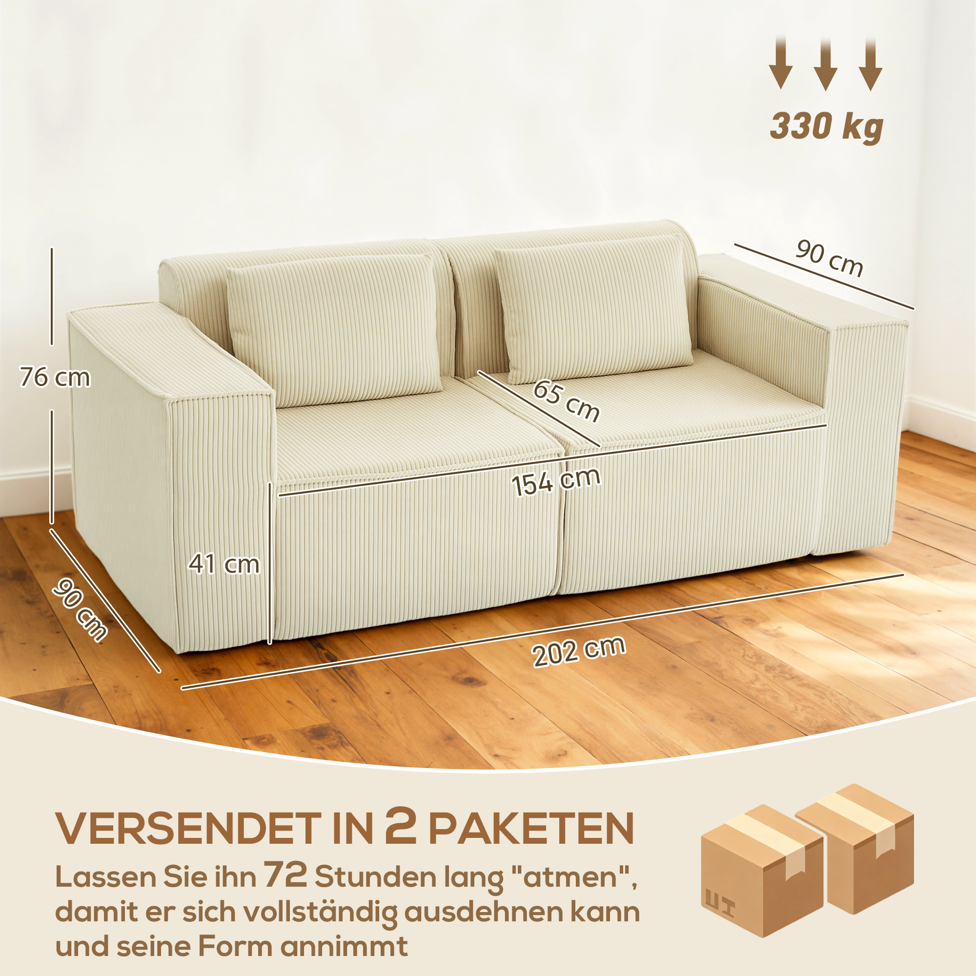 3-Sitzer-Sofa, weiche Schaumstoffstruktur, breite Armlehnen, 2 Kissen, Cordbezug, Beige