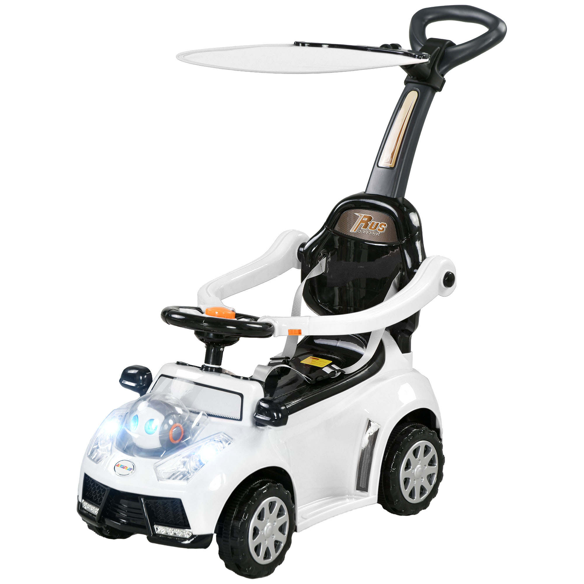 2-in-1 Rutschauto, abnehmbares Verdeck, Lichter, Musik, Hupe, Kunststoff und Metall, 96 x 39 x 90 cm, Weiß/Schwarz