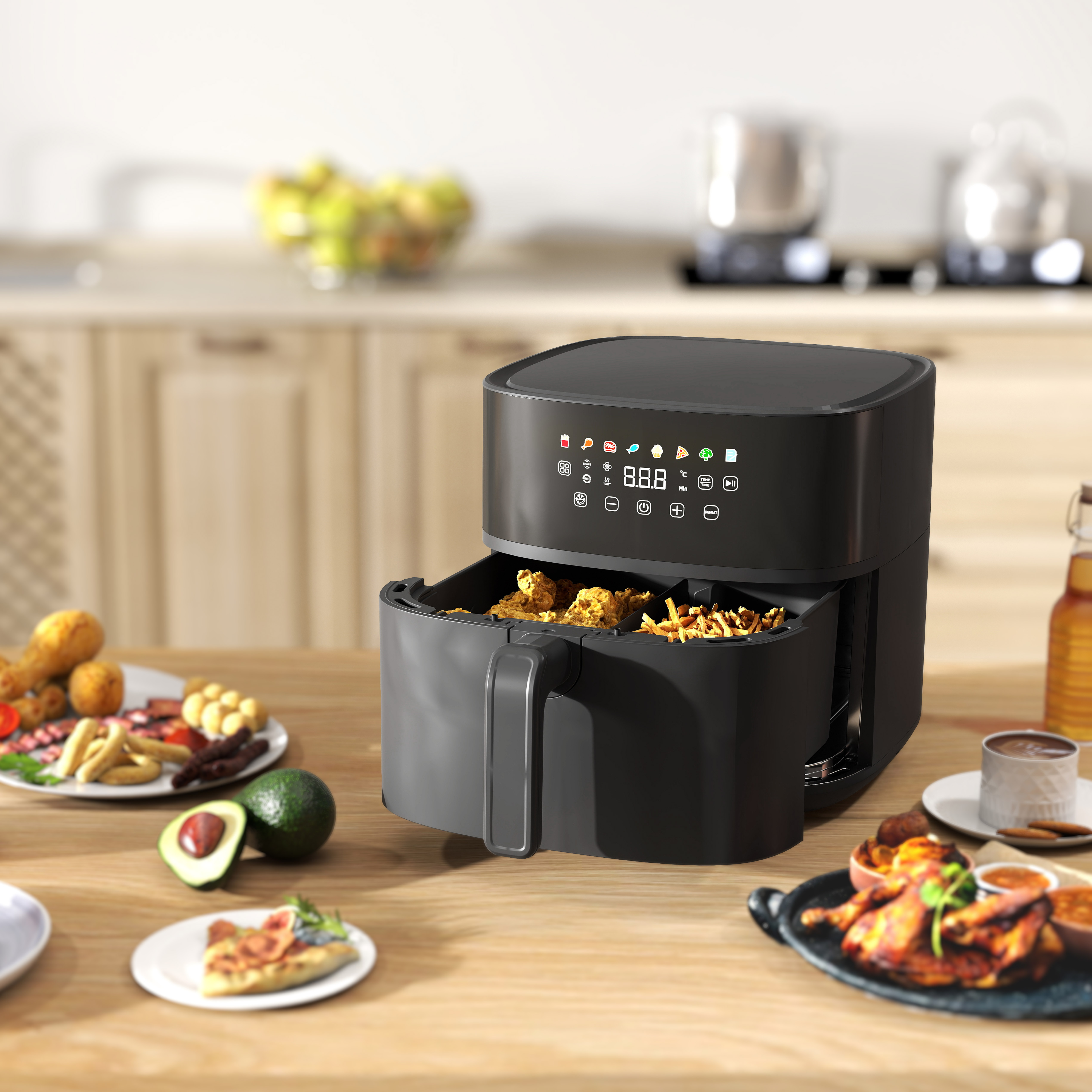 Heißluftfritteuse, Air Fryer, 8 Programme, 8 Liter, LED-Screen, Schwarz