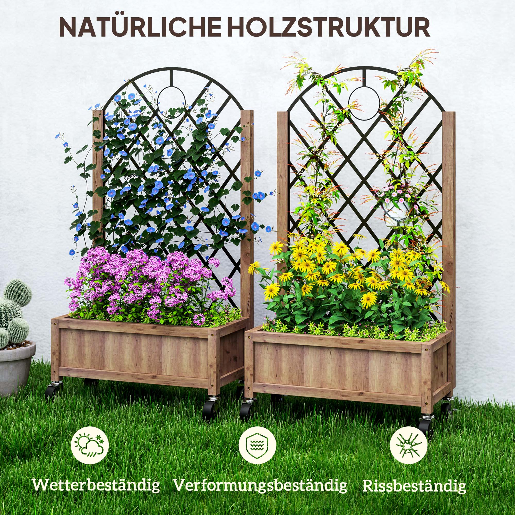 2er Set Hochbeet Pflanzkasten mit Rolle, Rankgitter, Spalier Pflanzkübel Blumenkasten Holz 52x25x97cm Braun
