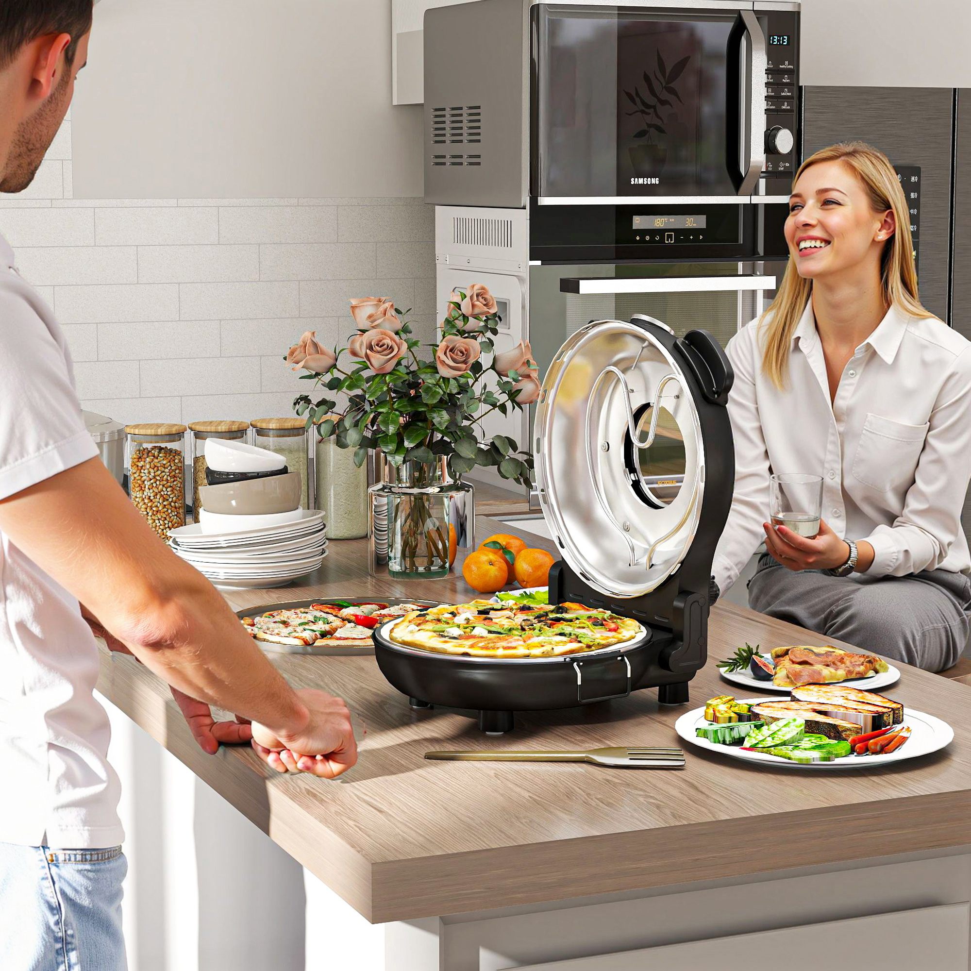 Pizzaofen elektrisch 430 ℃, 1200 Watt Pizzabäcker mit 30cm Steinplatte Timer Sichtfenster Edelstahl Schwarz
