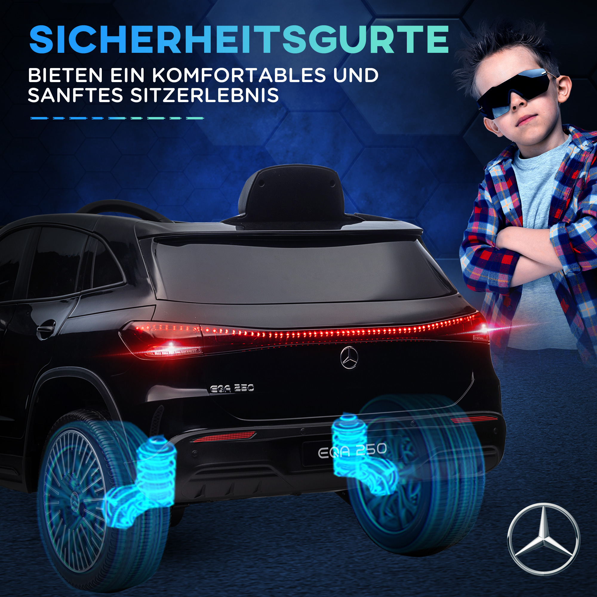 Elektro Kinderauto, lizenzierter Mercedes-Benz EQA, 3-8 km/h, Musik, Scheinwerfer, Hupe, Fernsteuerung, schwarz
