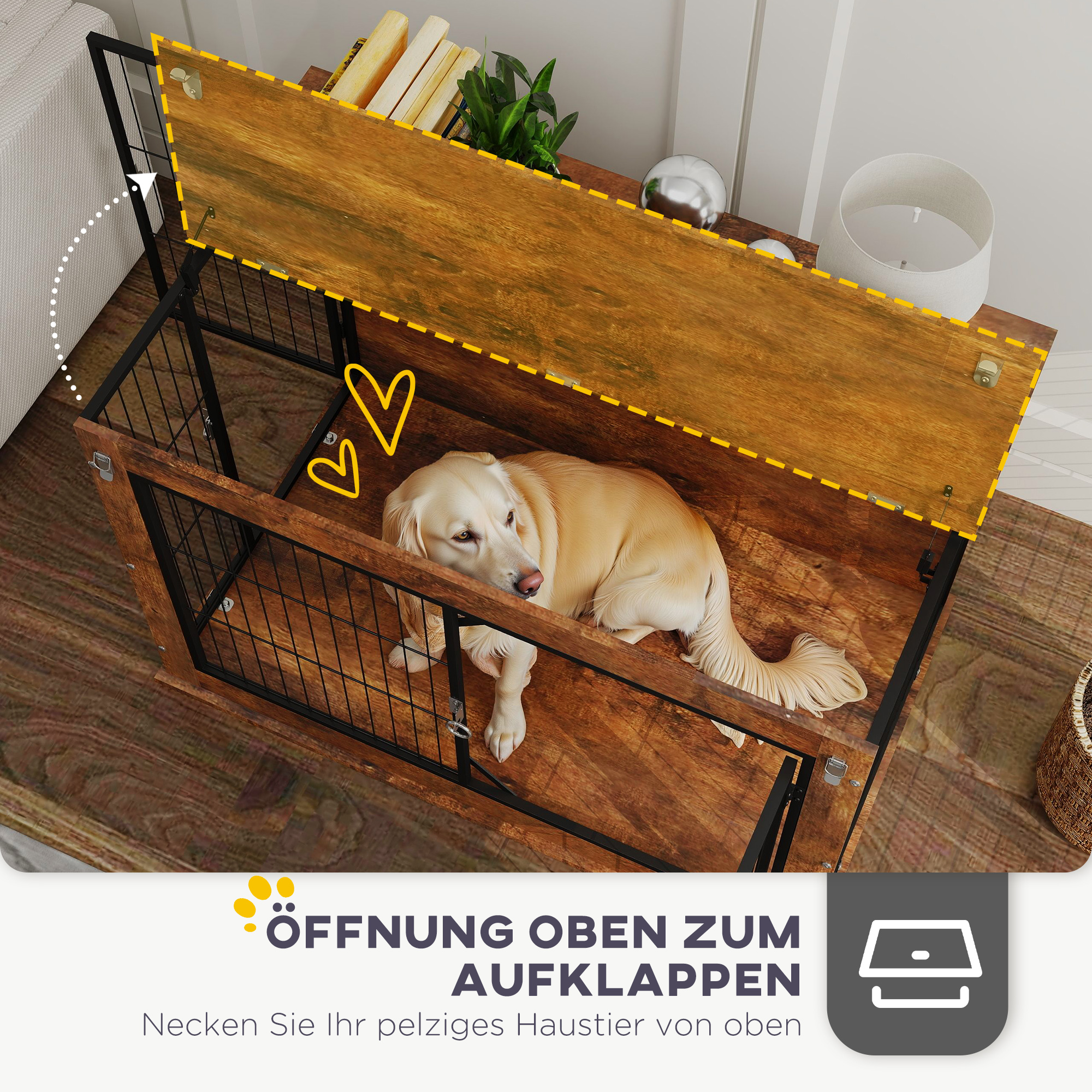 Hundebox, Transportbox für Hunde, Aufenthaltsbox, für Haustiere, 2 verschließbare Türen, 98 x 60 x 65,5 cm, Braun