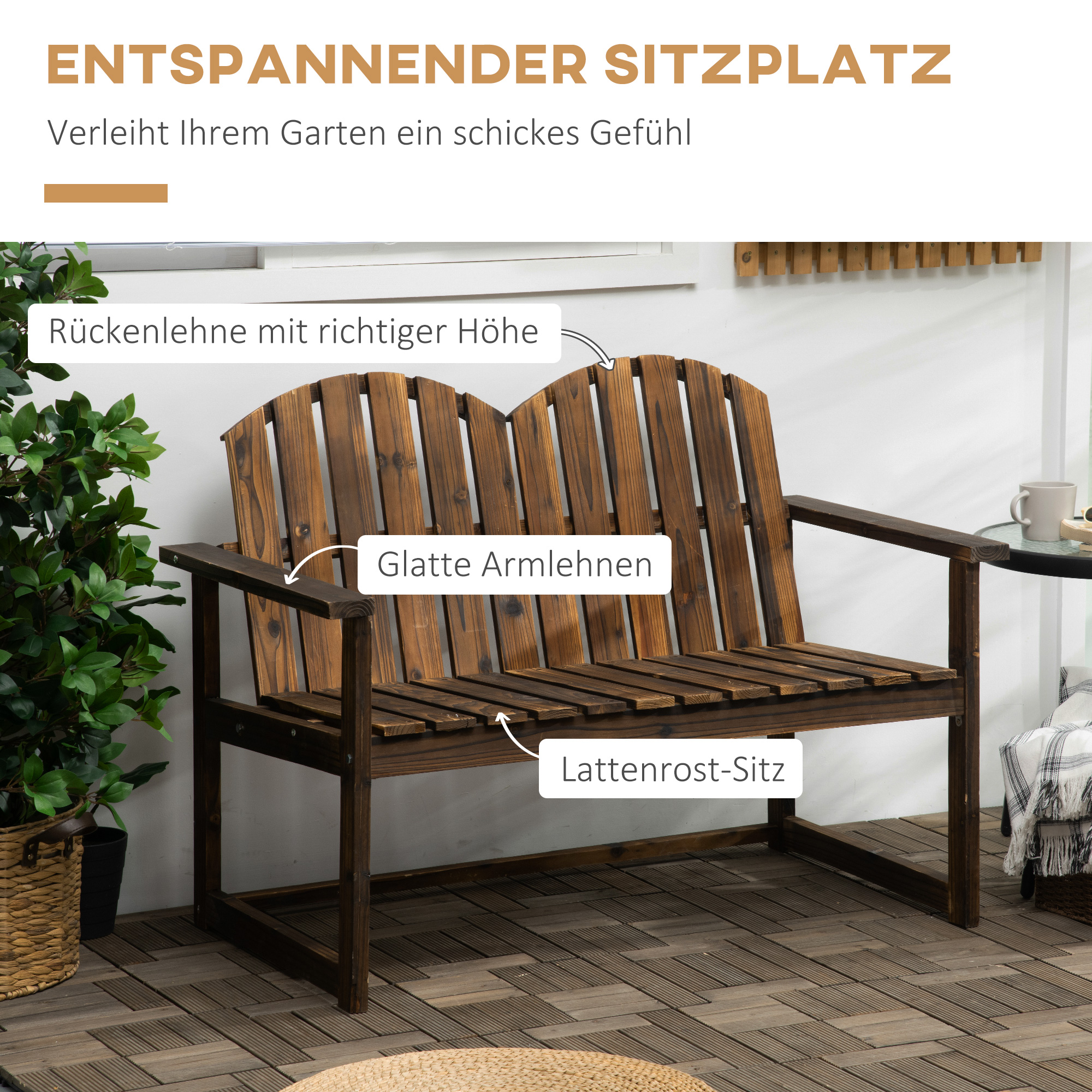 Gartenbank für 2 Personen, rustikales Design, Tannenholz, 114x63x86 cm