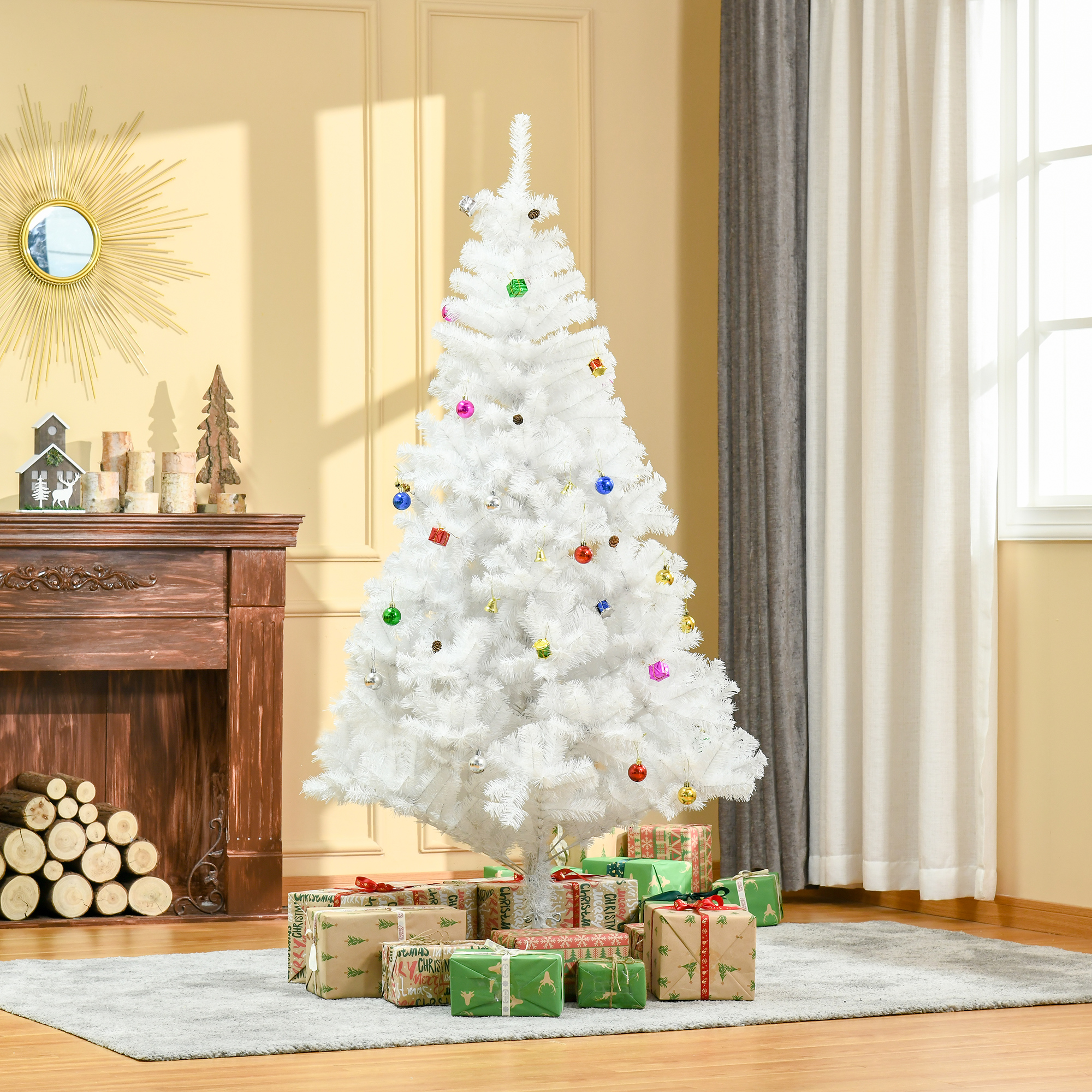 Weihnachtsbaum 180 cm künstlich Tannenbaum mit Kugeln, Glocken, Trommeln, Geschenkboxen, Christbaum mit 930 Spitzen, 12 Tannenzapfen Weihnachtsdeko inkl, Metallständer für drinnen