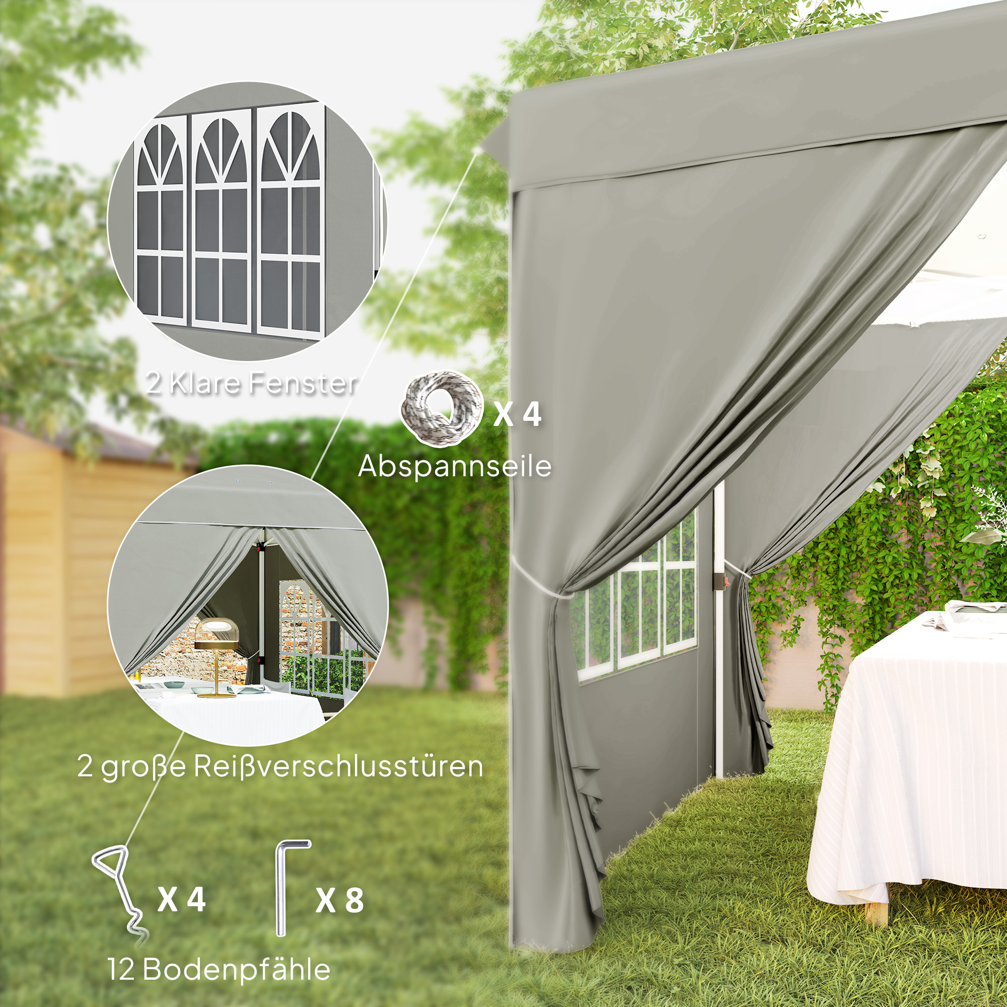 2,5 x 2,5 m Pop-up-Pavillon mit Seitenwänden und Tragetasche, UPF50+ höhenverstellbares Gartenzelt, Hellgrau