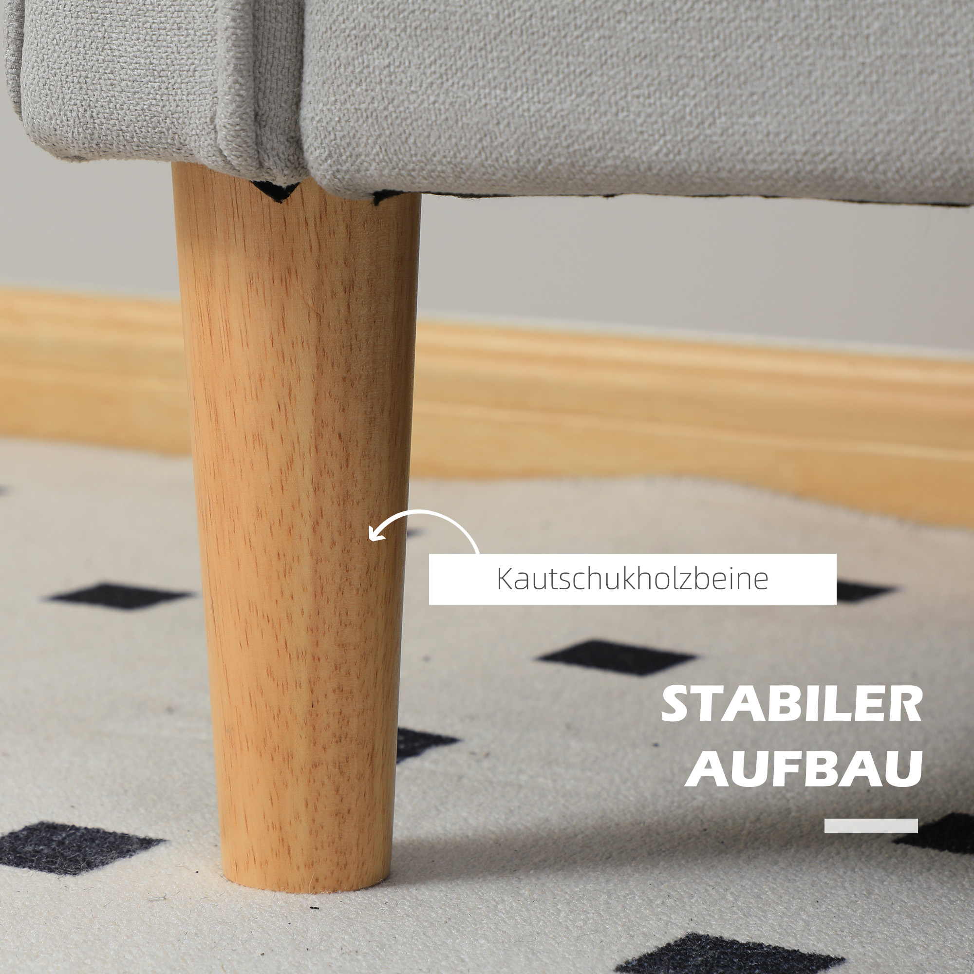 Zweisitzer-Sofa mit Stauraum, Knopfheftung, Kissen, Kautschukbaumholz, 117x62x78cm, Hellgrau