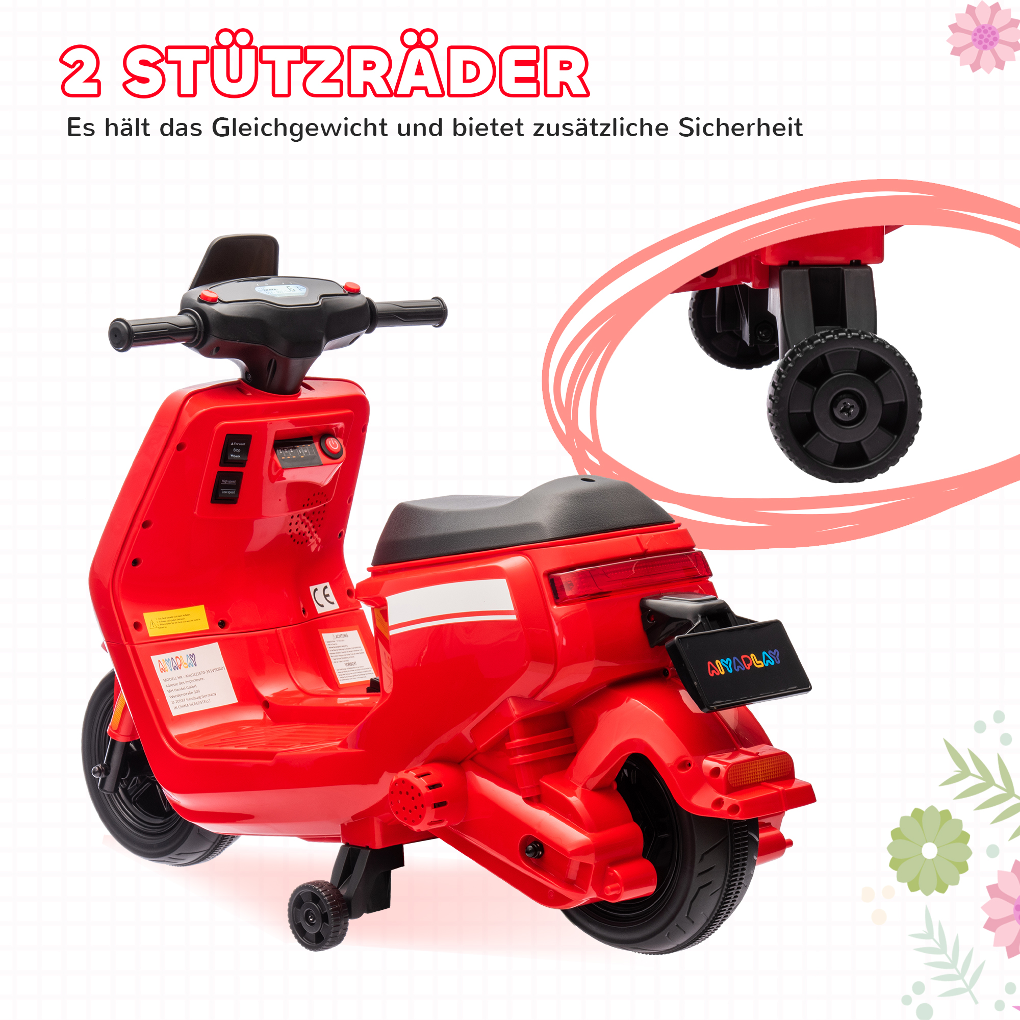 6V Elektro-Motorrad für Kinder, mit Scheinwerfer und Musik, Vor- und Rückwärtsgang, Trainingsräder, 18-36 Monate, Rot