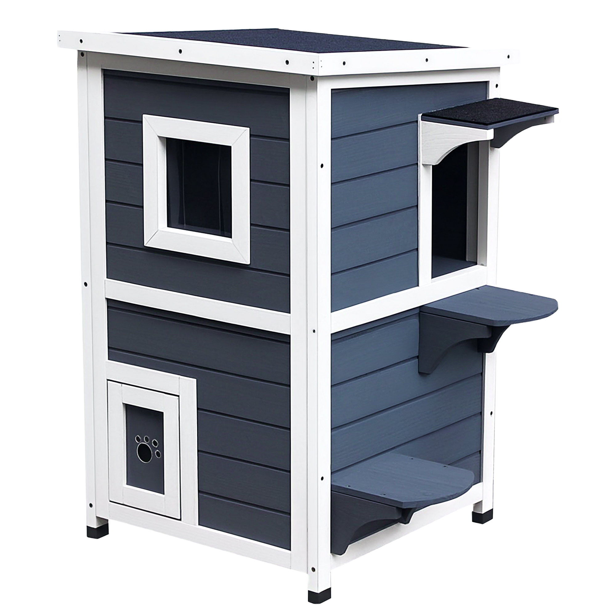 Katzenhaus aus Holz 2 Etagen Winterfest wasserdicht Katzenhütte mit Asphaltdach Treppen Fenster Katzenhöhle Outdoor Schutzhütte für Draußen Garten Balkon 51 x 51 x 81,3 cm Grau