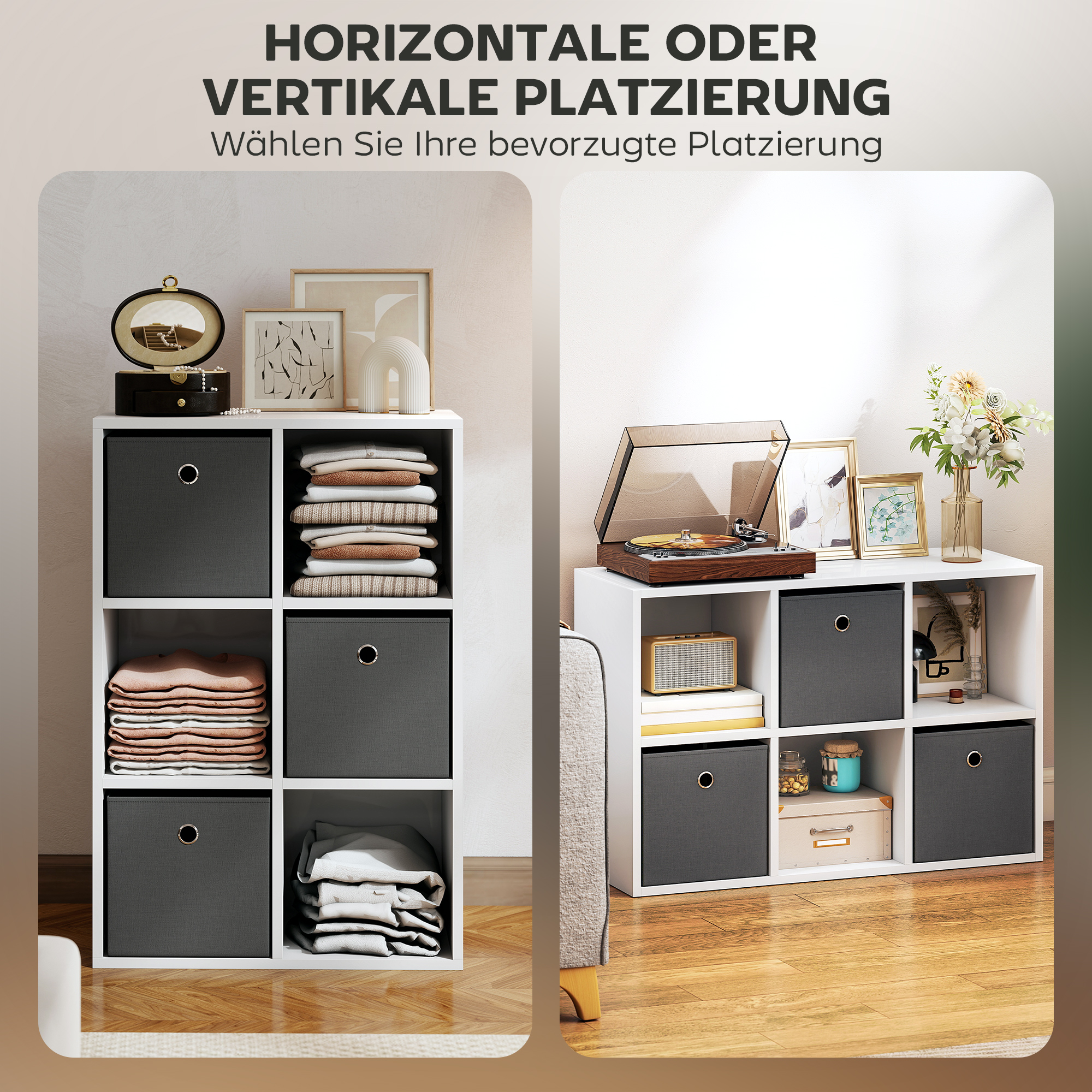 Regal mit 6 Fächern und 3 Stoffschubladen, Aufbewahrungsregal, vielseitig, Grau