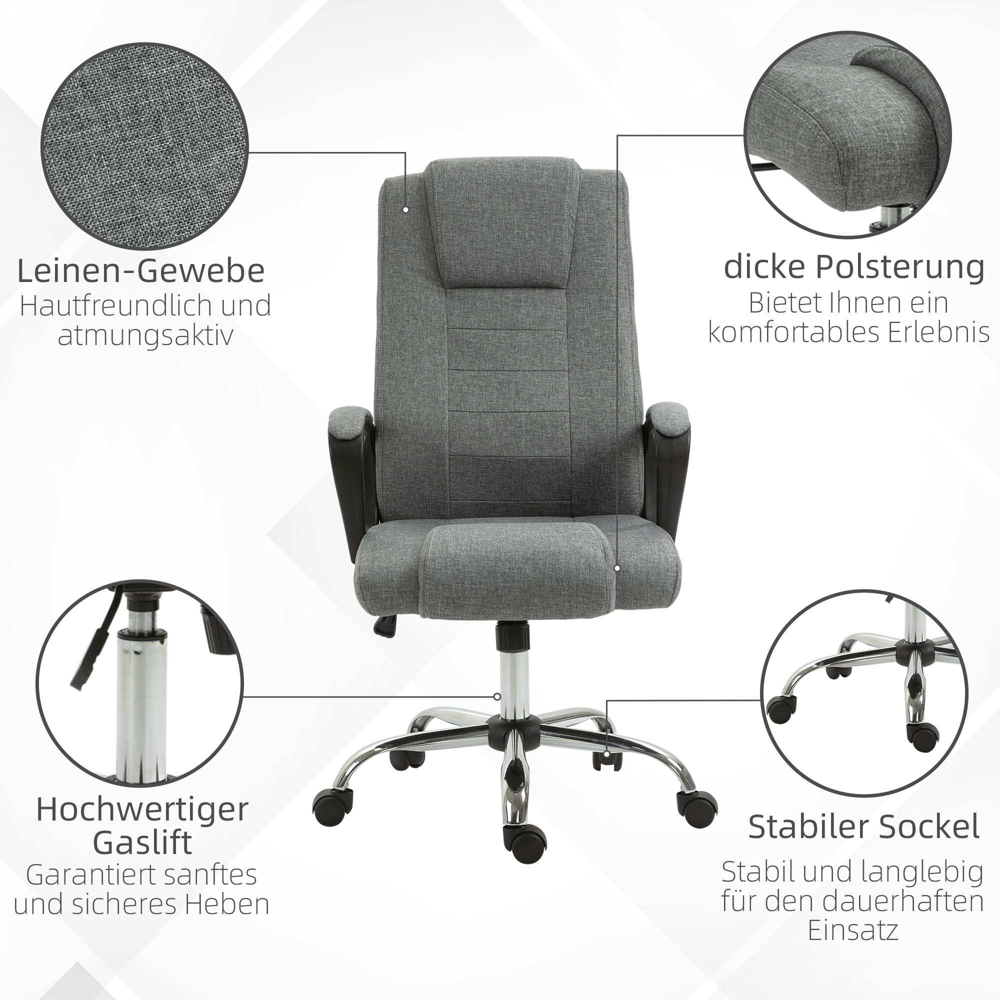 Bürostuhl Computerstuhl mit Wippenfunktion Kopfstütze ergonomischer Schreibtischstuhl drehbar höhenverstellbar Leinen-Touch Grau  62 x 76 x 110-119 cm