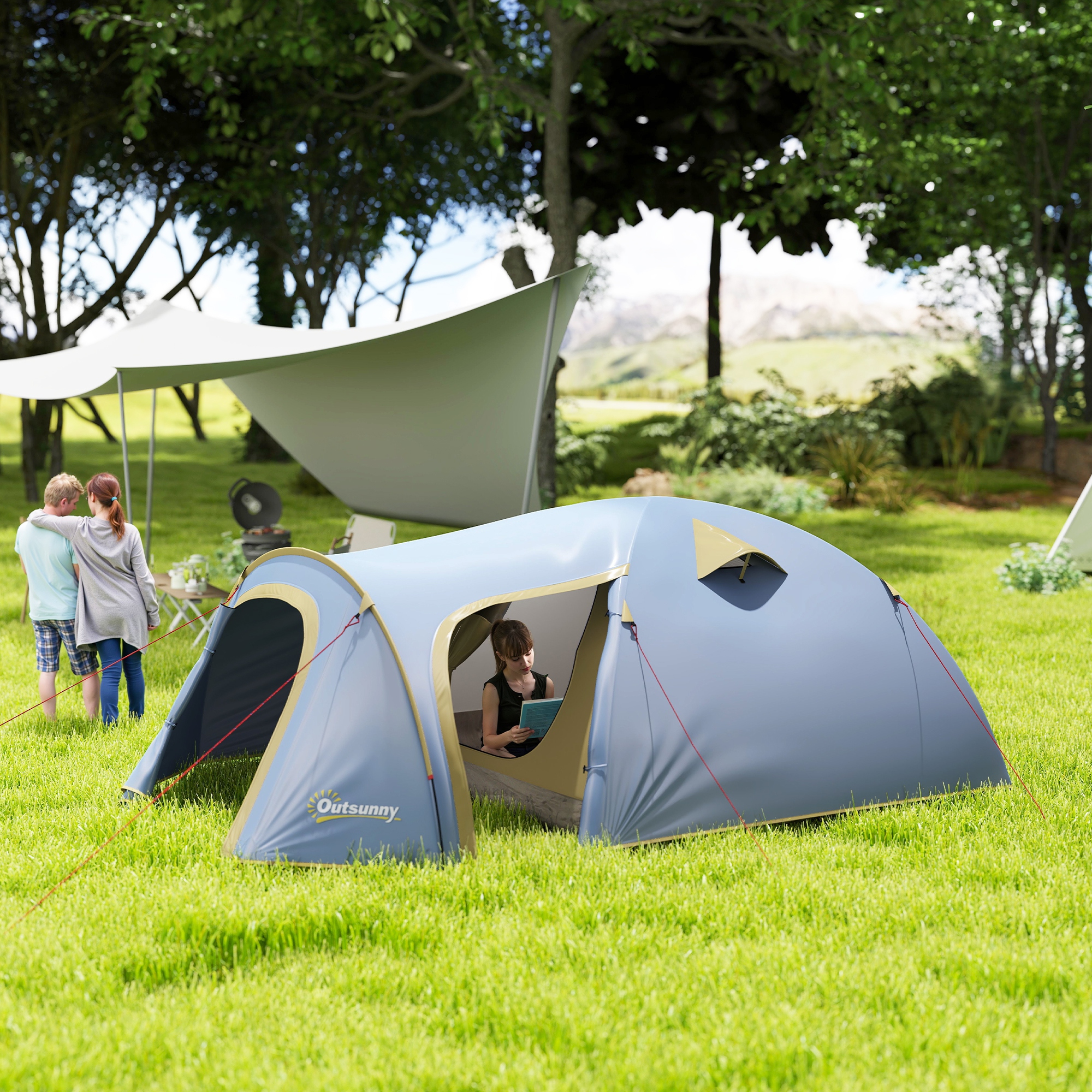 Campingzelt für 4 Personen, wasserdicht Tunnelzelt mit 2 Türen Haken Packtasche 3,45 x 2,4 x 1,3 m Hellblau