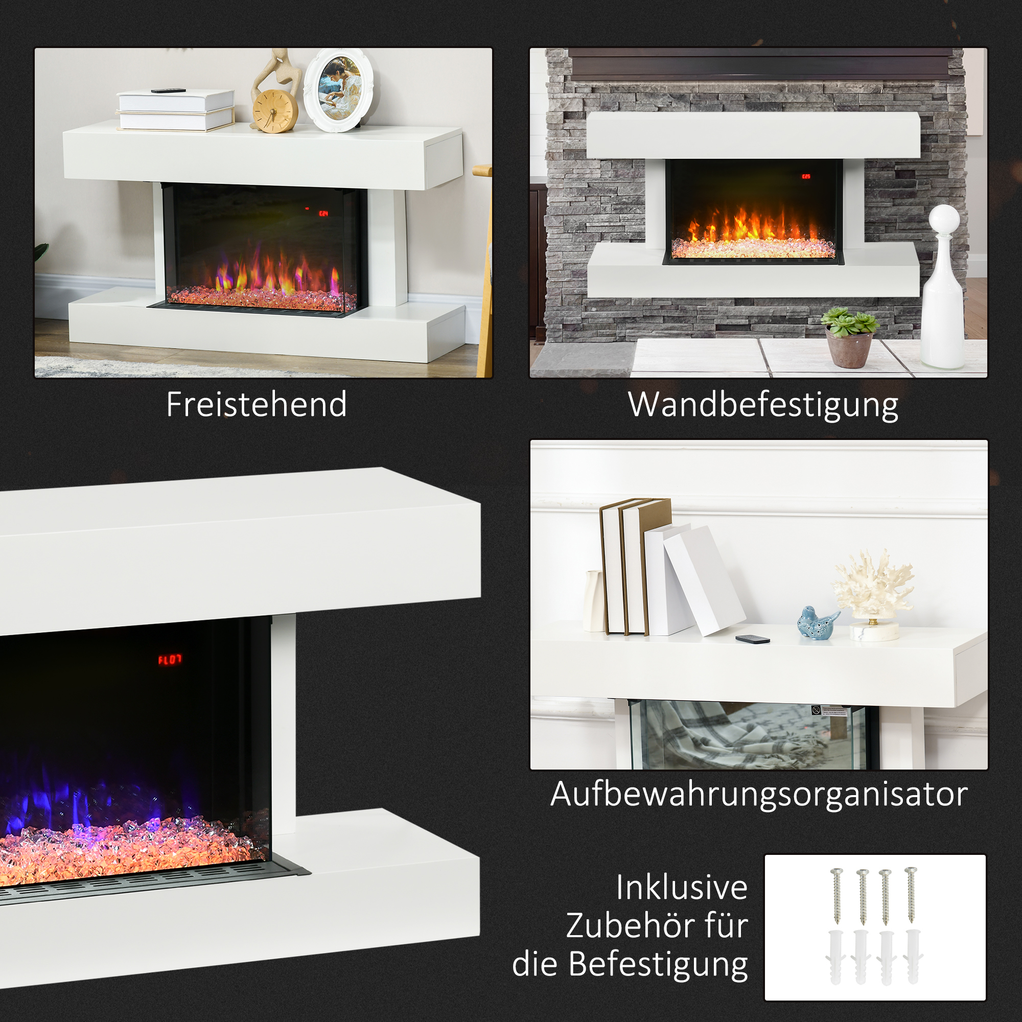 Elektrokamin, Wandkamin mit Heizung 2000 W, LED 3D-Flammeneffekt, Kristalle, in 11 Farben mit 3 Helligkeitsstufen, Elektrischer Kamin mit Fernbedienung, Timer, Wandmontage, Weiß