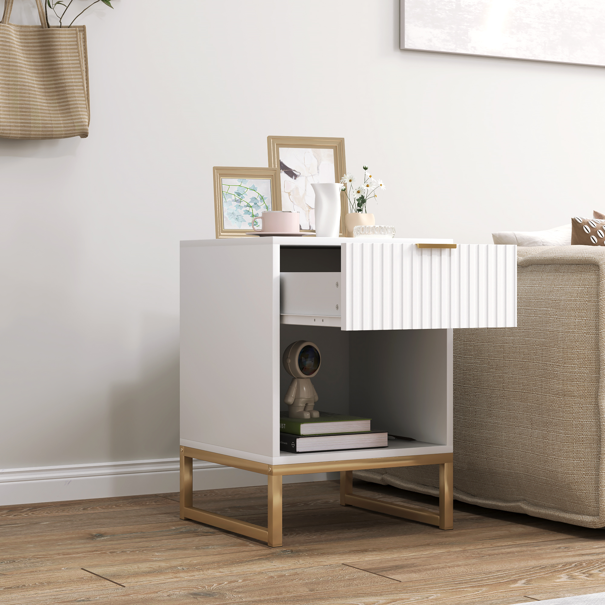 Nachttisch mit Schublade und Regal, Stauraum und Metallbeinen, für Schlafzimmer, Wohnzimmer, Weiß
