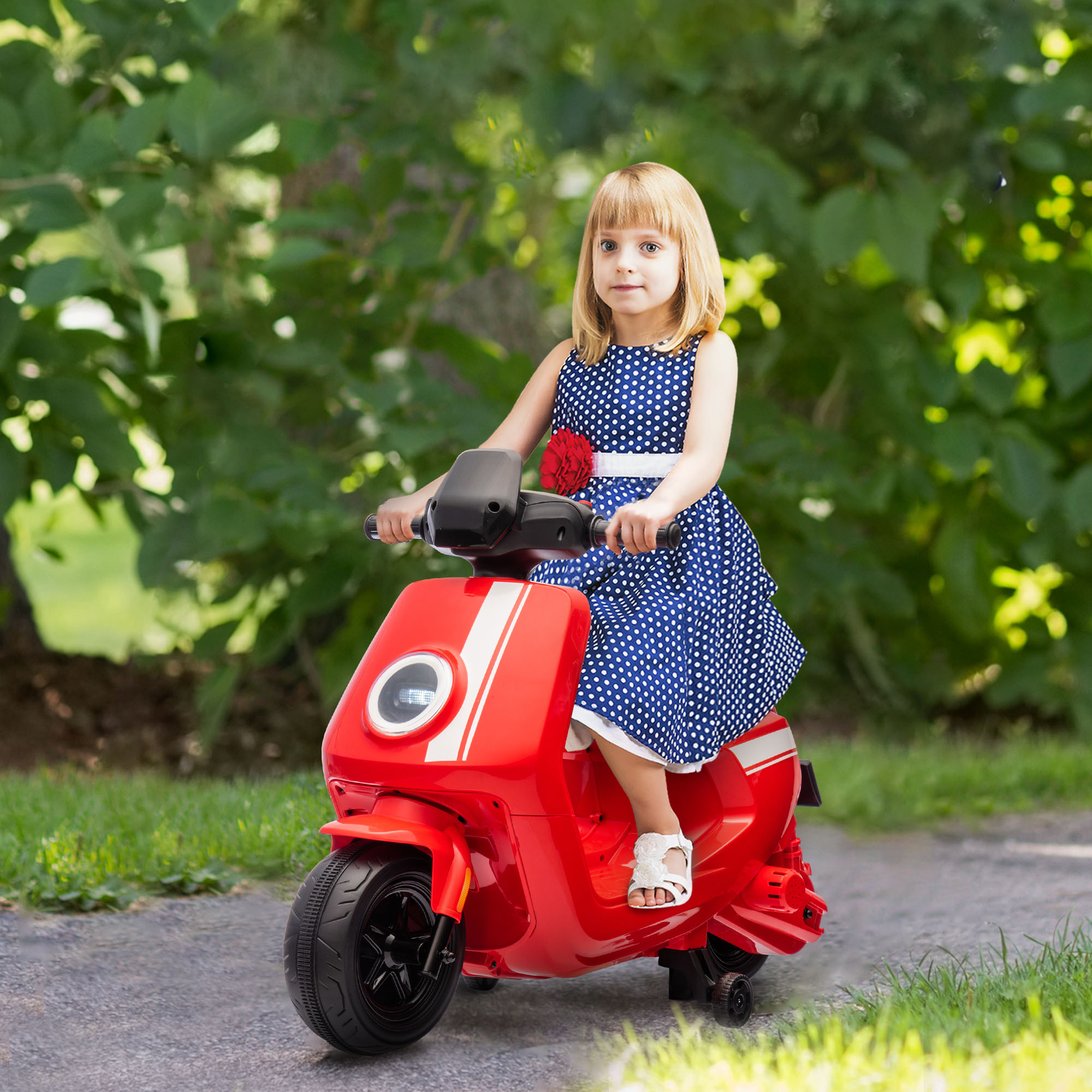 6V Elektro-Motorrad für Kinder, mit Scheinwerfer und Musik, Vor- und Rückwärtsgang, Trainingsräder, 18-36 Monate, Rot