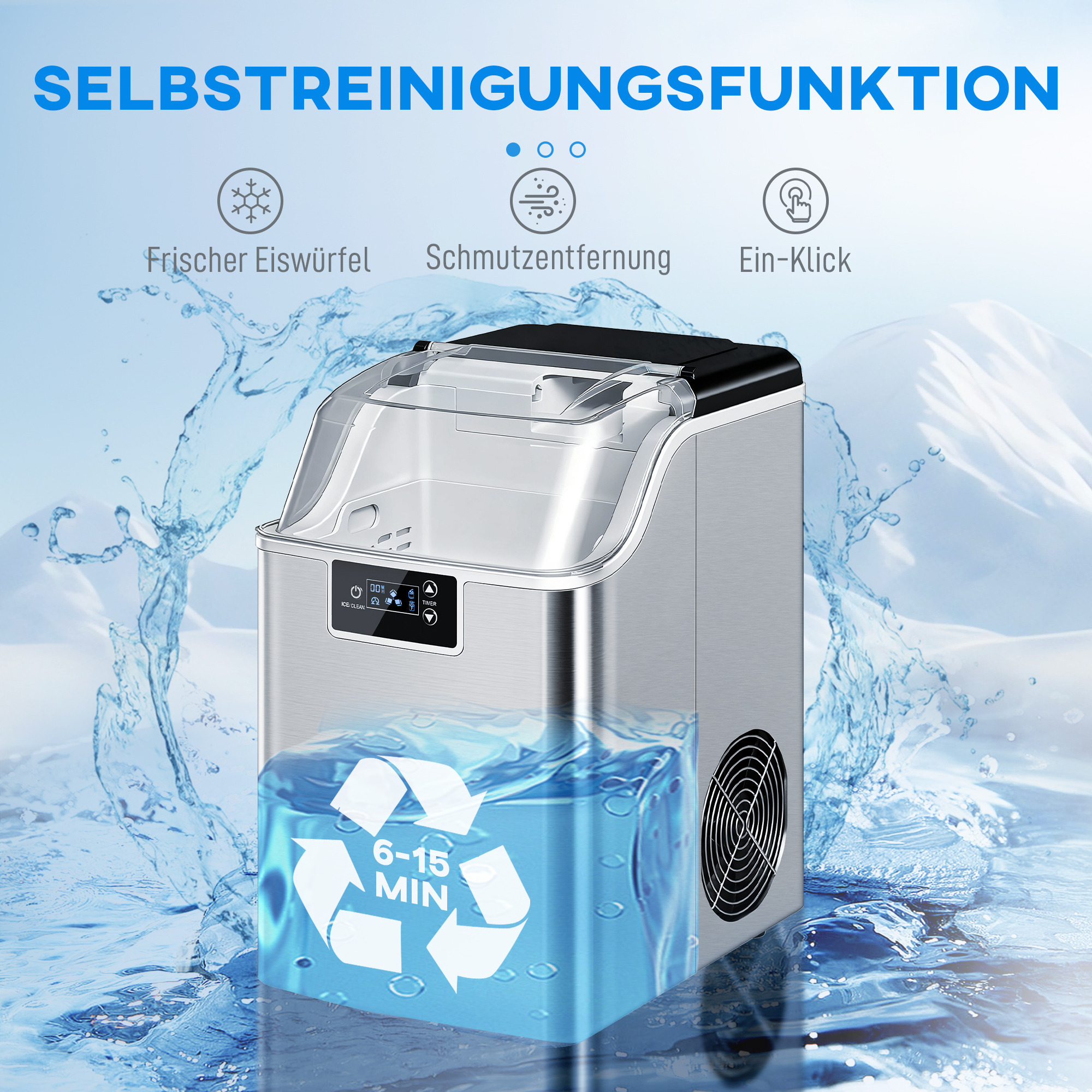 Eiswürfelmaschine, Eiswürfelspender, Ice-Maker, 20 kg/24h Eiswürfelbereiter mit 2,1 L Wassertank, Silber