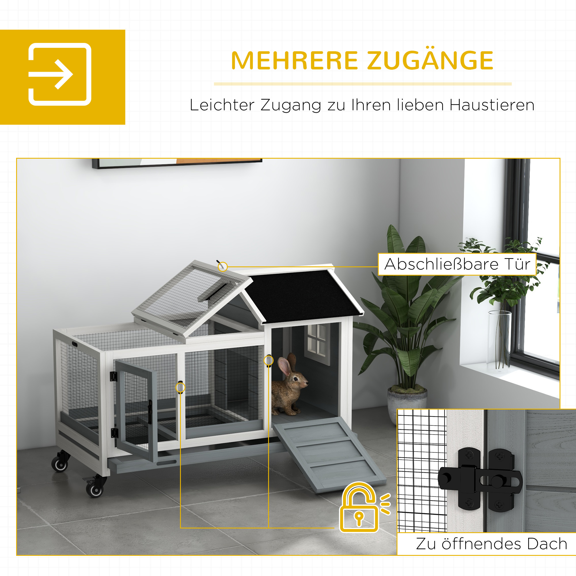 Kleintierstall für Zwergkaninchen, Meerschweinchen, mit Rädern, 108 x 58 x 73,5 cm, Grau