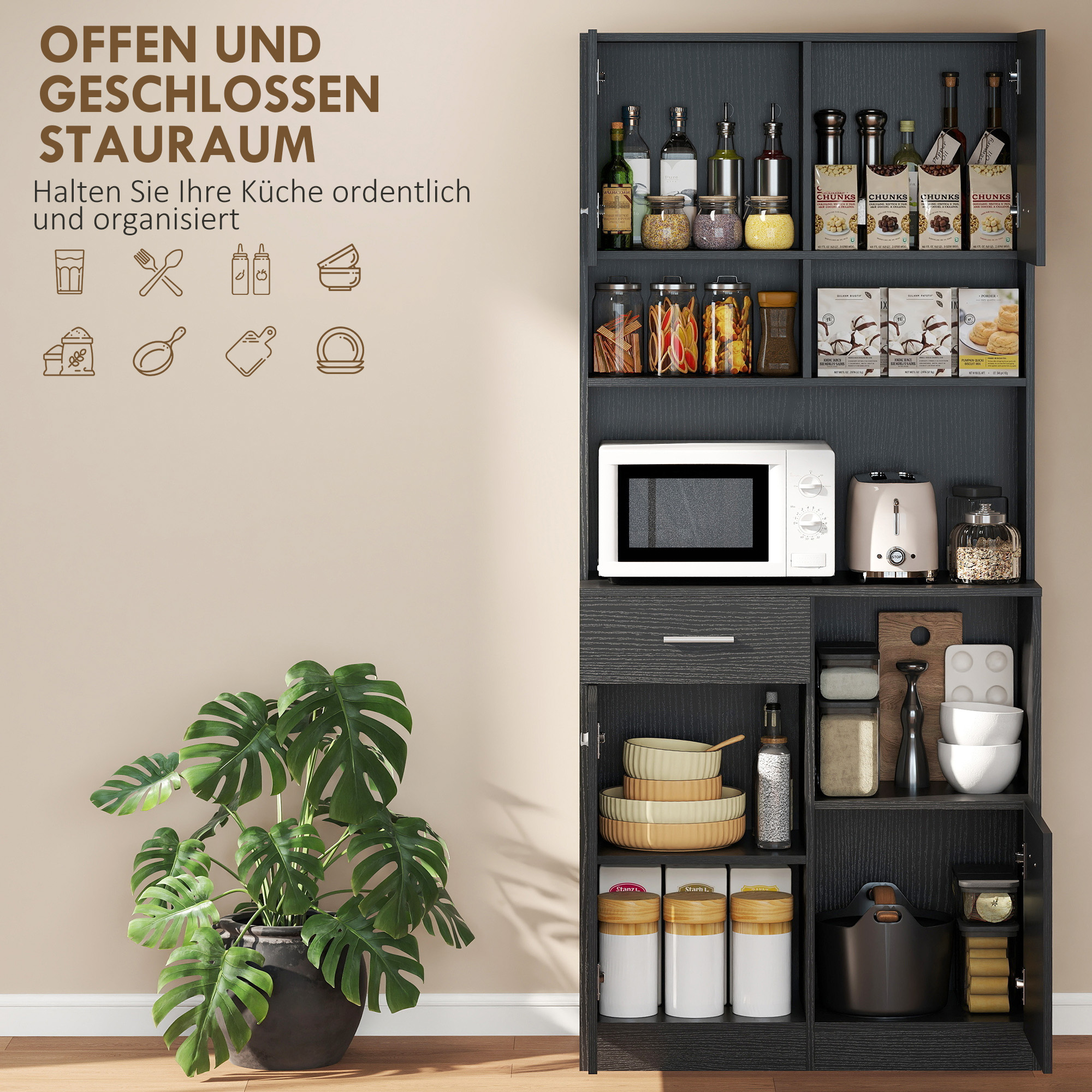 Küchenschrank, Buffet mit Schublade, Soft-Close Türen, 80 x 35 x 180 cm, Schwarz