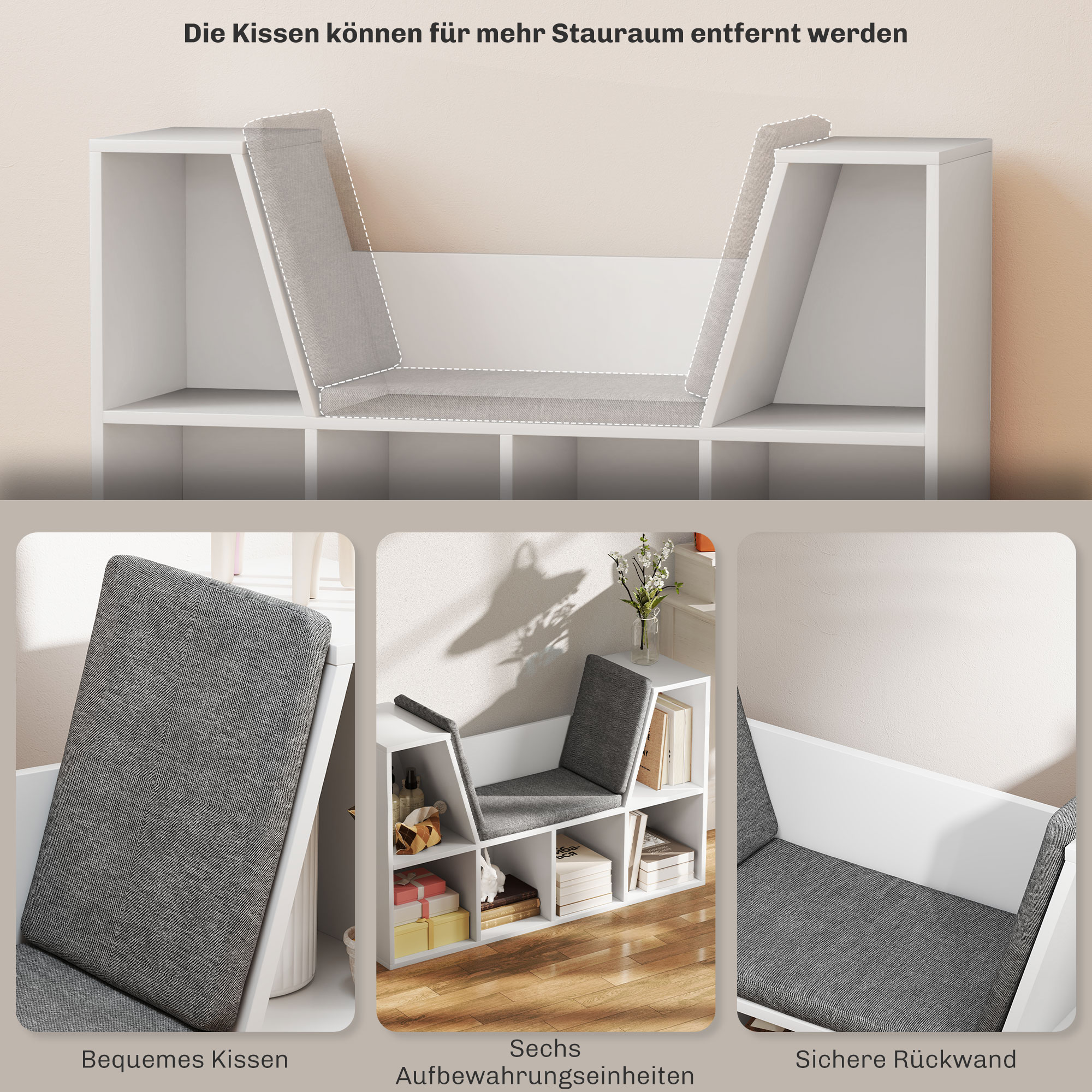 Bücherregal mit Sitzfläche, 6 Fächer, gepolstert, 105 x 30 x 63 cm, Weiß