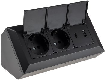 2-fach Steckdosenblock, USB-A+C, schwarz, 250V~/ 16A, USB 3,1A, PD, mit Klappen